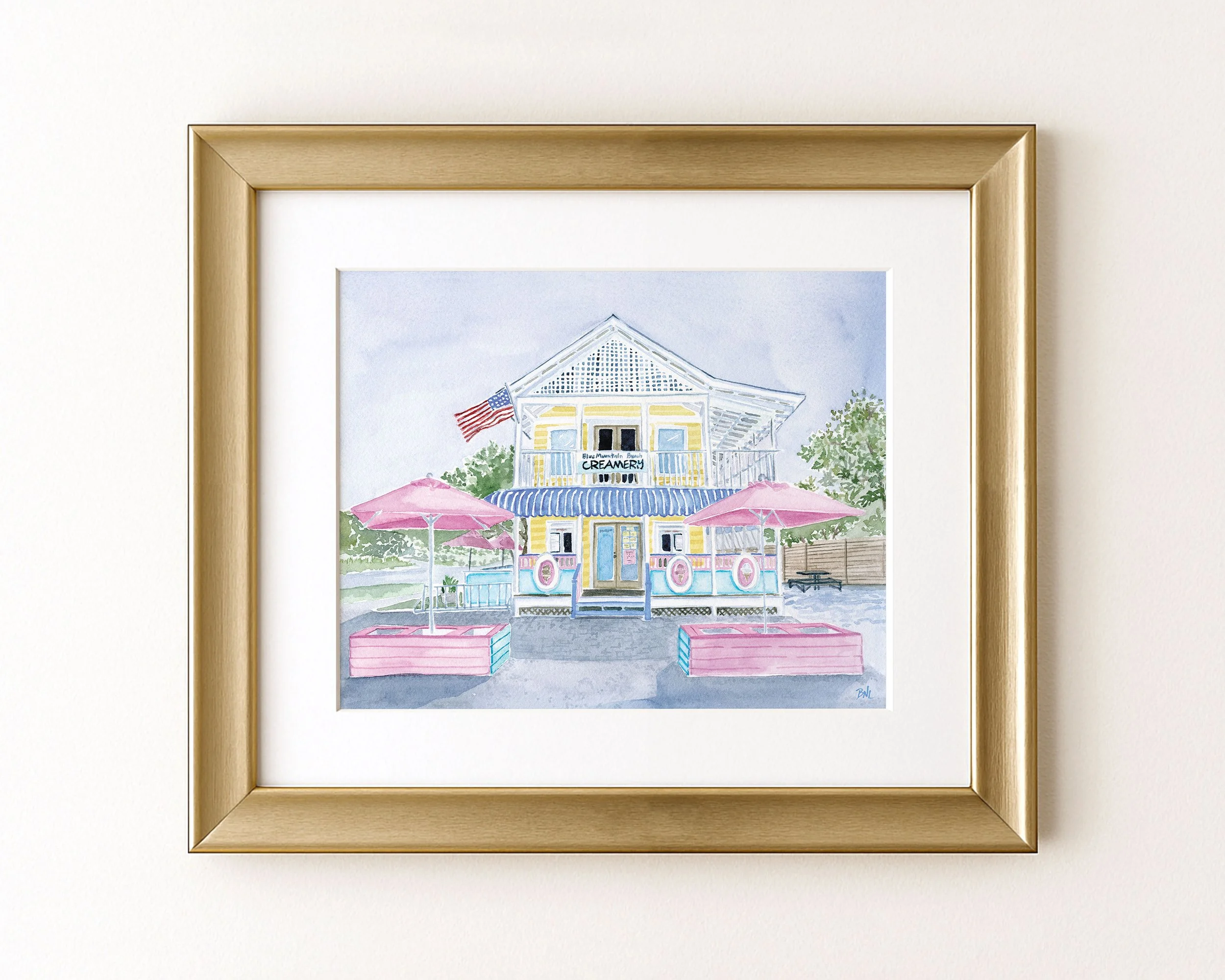 Original "Blue Mountain Beach Creamery  " watercolor painting, 8 x 10"