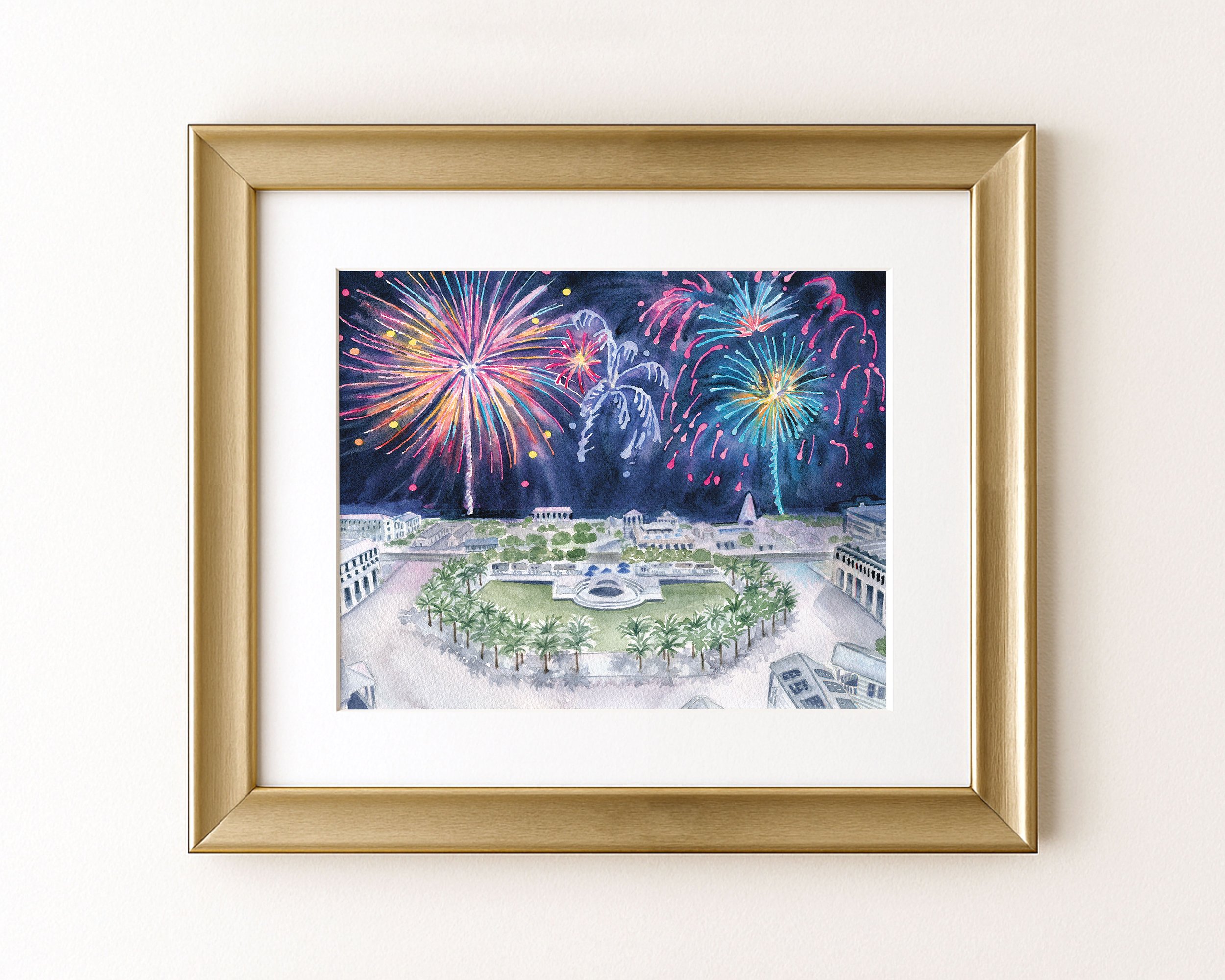 Original "Seaside's 4th" watercolor painting, 7 x 8.75"