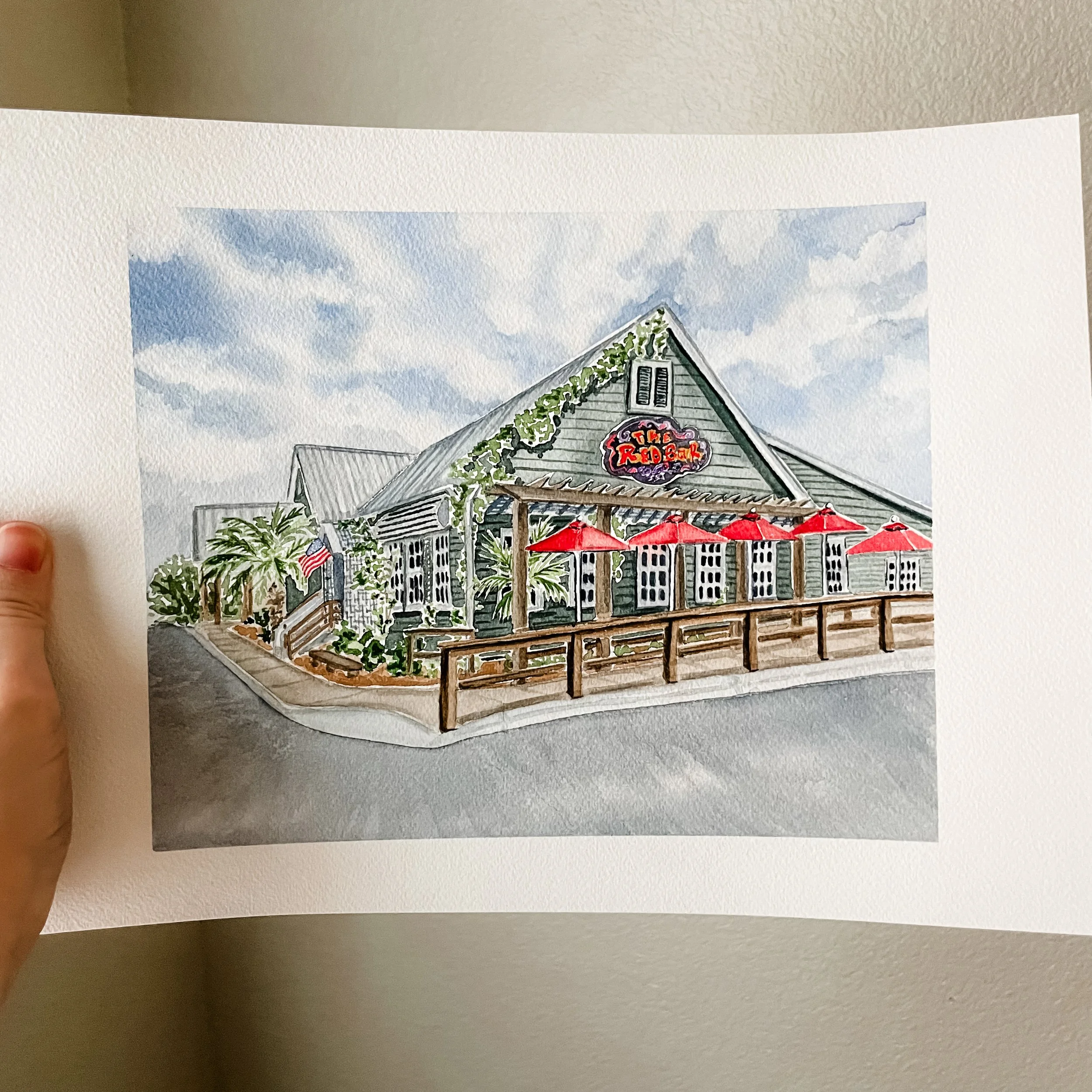 Original "The Red Bar  " watercolor painting, 7.25 x 9"