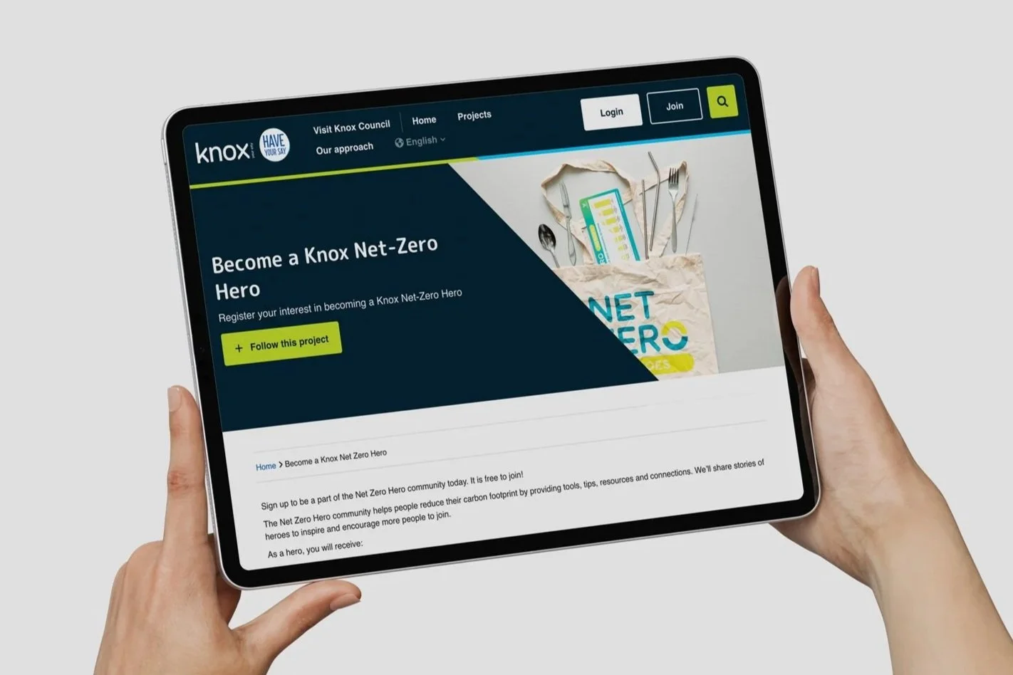 Promotional website for Knox Net Zero Heroes, a campaign that encourages council residents and the local community to take action on climate change. Created by Citizen By Design, an independent branding agency based in Melbourne.