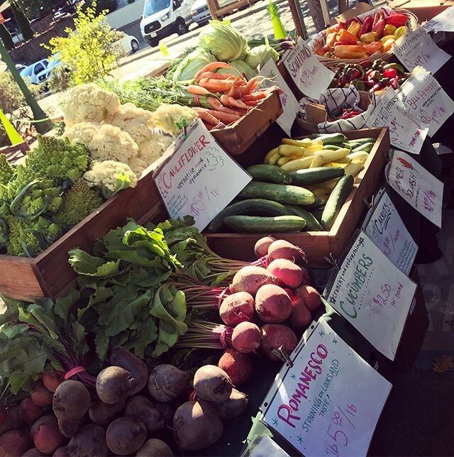 Now is the best time to stock up at the farmers market in my opinion. Our local farms like @singingfrogsfarm shown here are fully abundant with the last of summer crops - peppers, tomatoes, and cucs - combined with all the fall feels of squash, root 