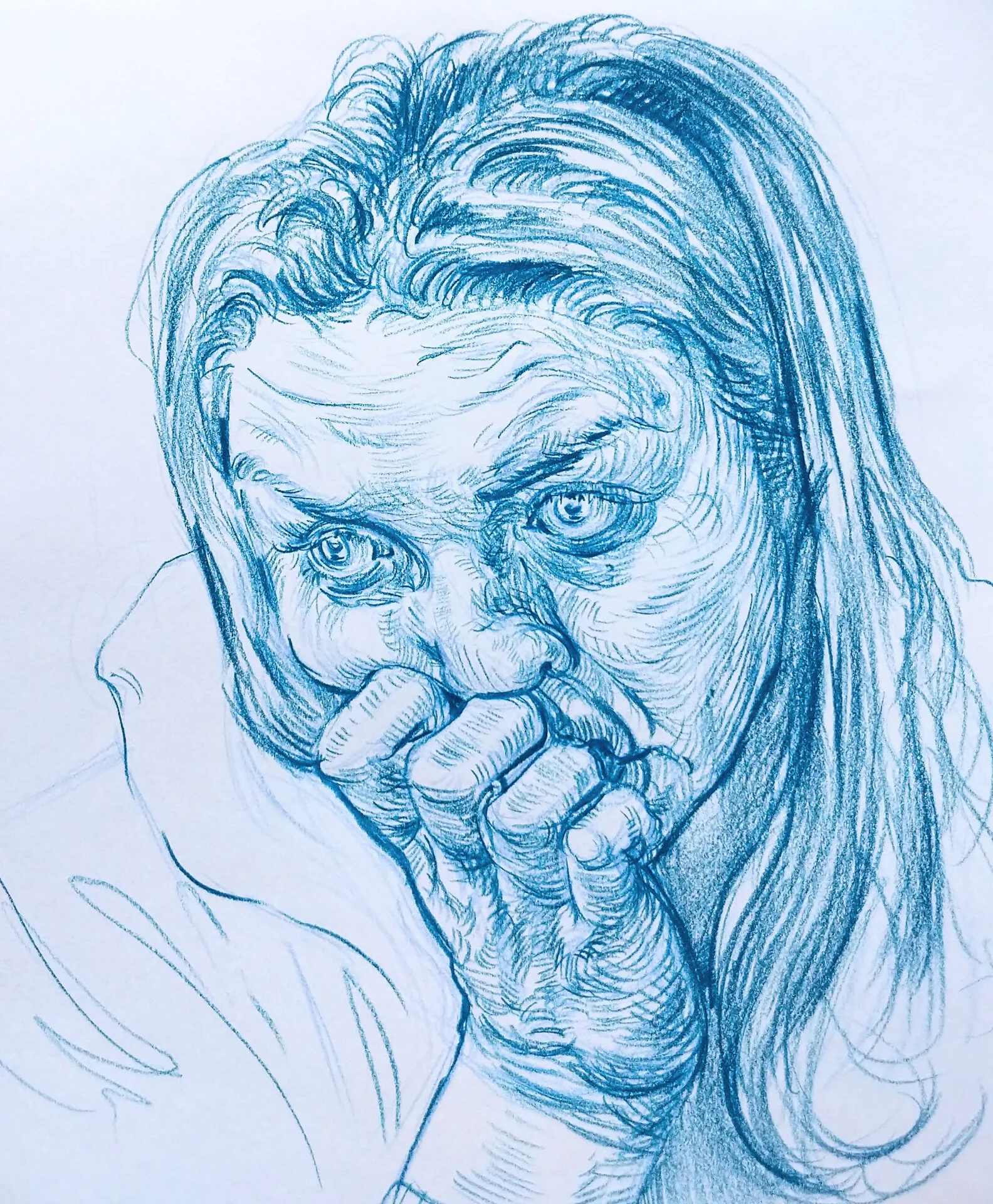 Nora Martin-Hall.  April 2, 2020.  Los Angeles, California, USA.Colored pencil on paper.I call these my Anxiety Portraits. I started drawing self portraits at the beginning of the coronavirus lockdowns in California around March 15th. I just wanted …