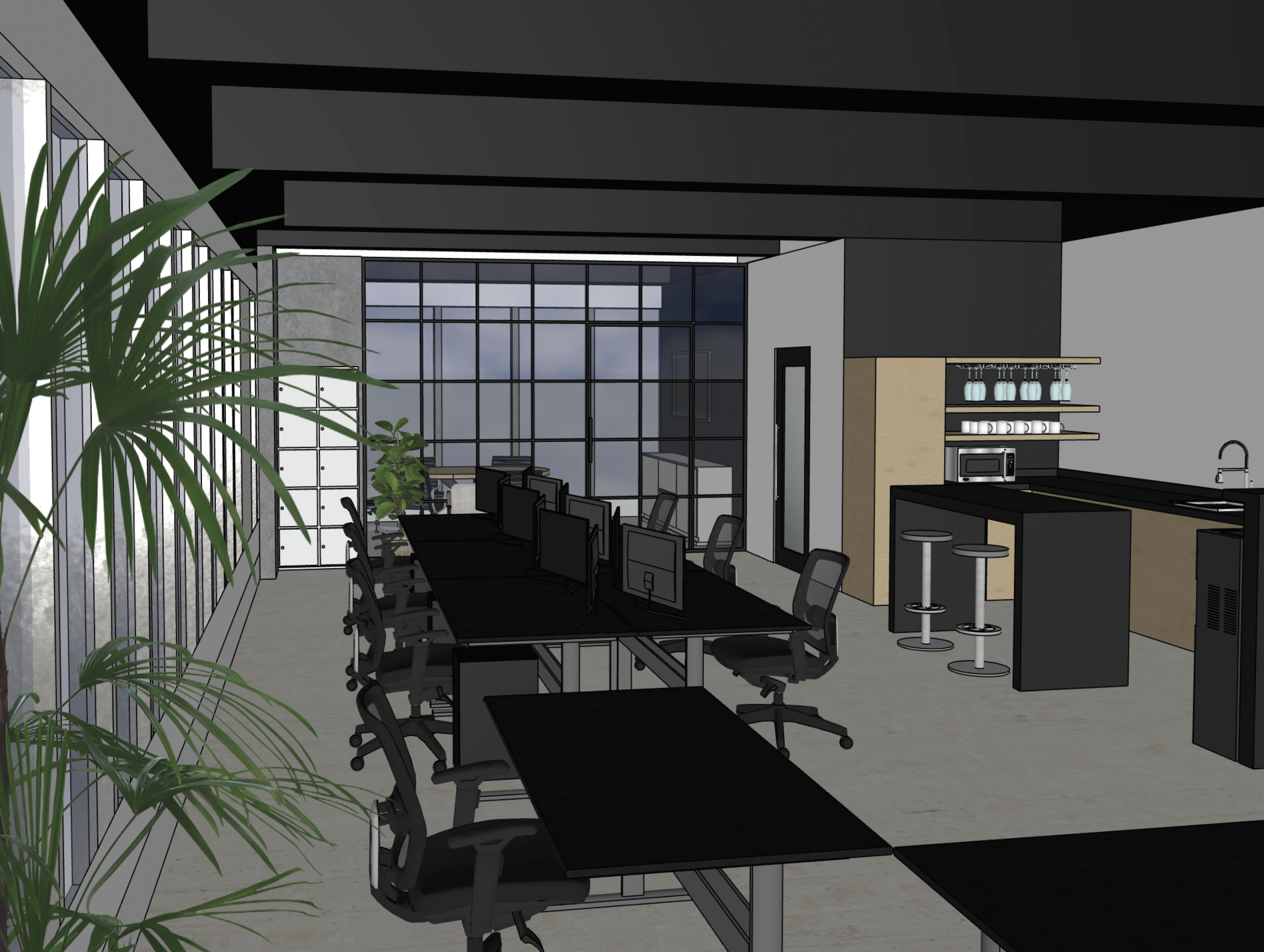 Modern office conference room with black tables, ergonomic chairs, large glass wall windows, green plants, and kitchen area with hanging glasses and mugs.