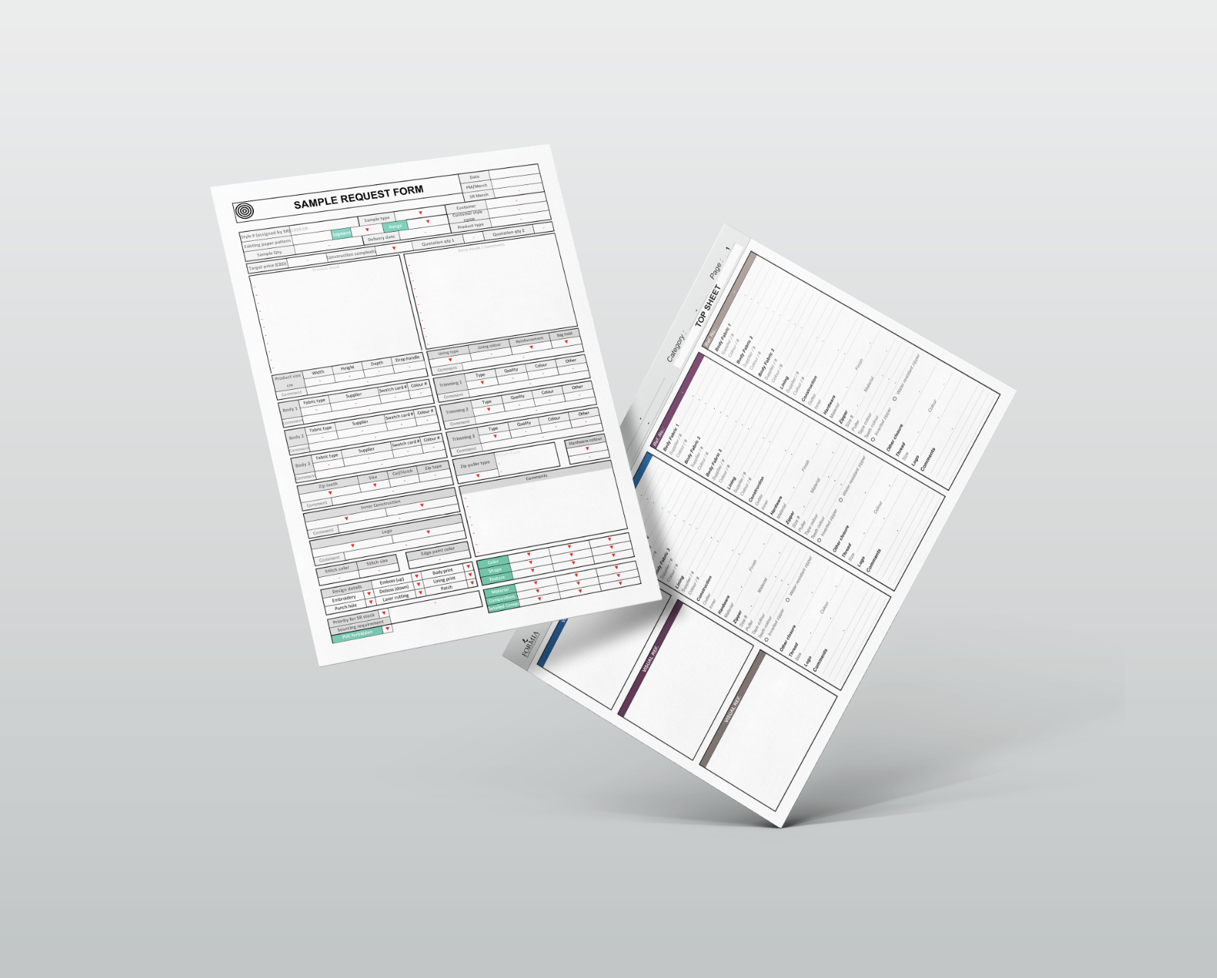 Two printed forms, one labeled 'Sample Request Form' and the other labeled 'Top Sheet,' lying on a flat surface.