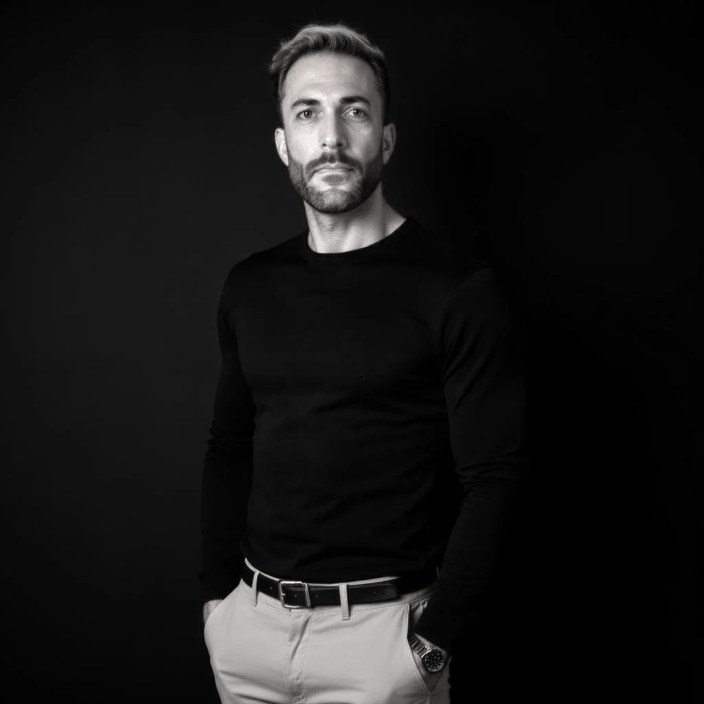 A black and white portrait of a man with a beard, dressed in a long-sleeved black shirt and light-colored pants, standing against a dark background.