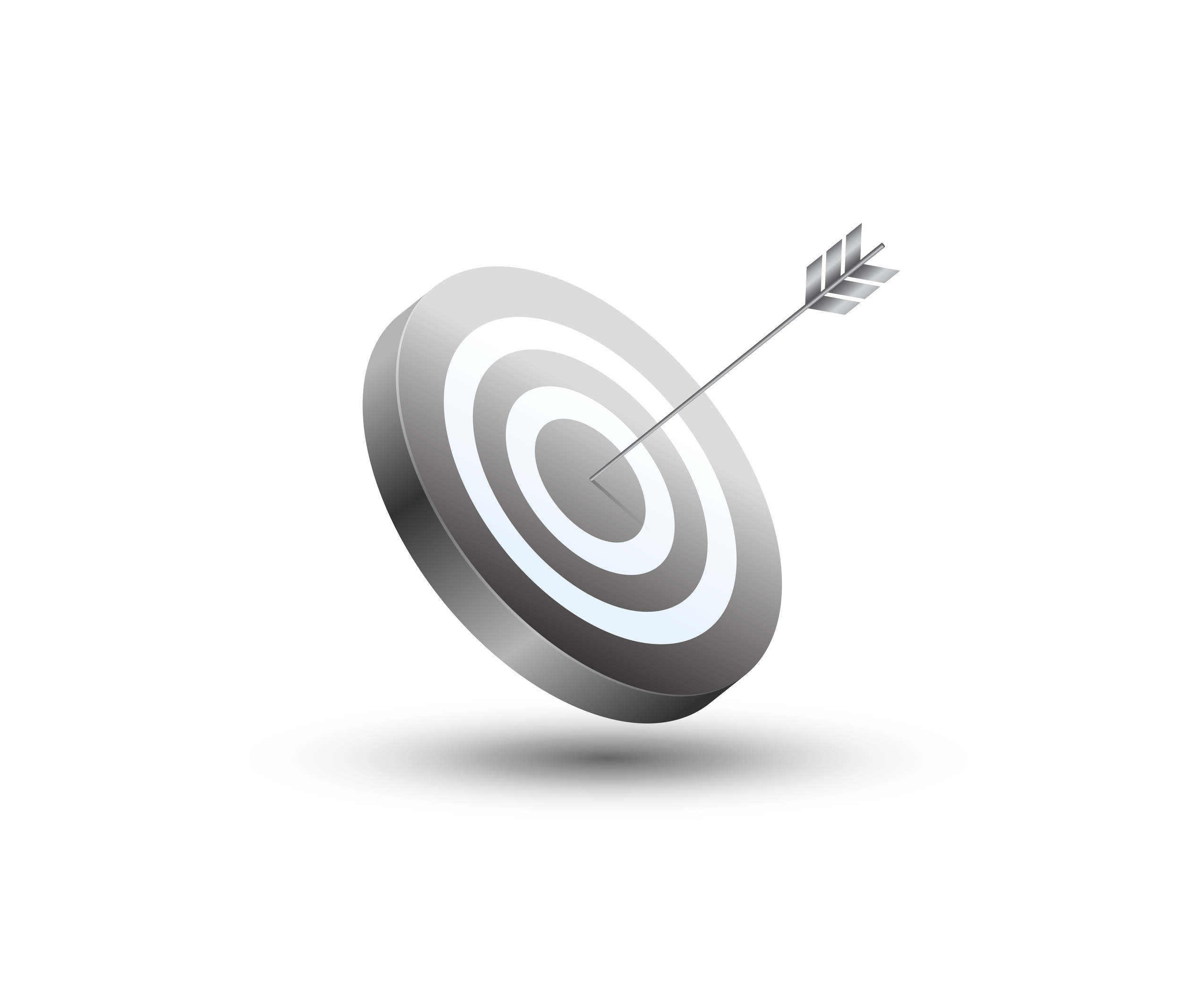 A three-dimensional black and white target with concentric circles and an arrow hitting the bullseye.