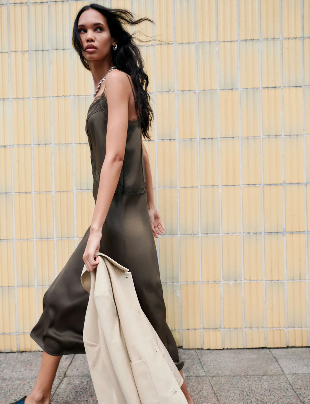 M&S olive satin lace insert V-neck midaxi slip dress