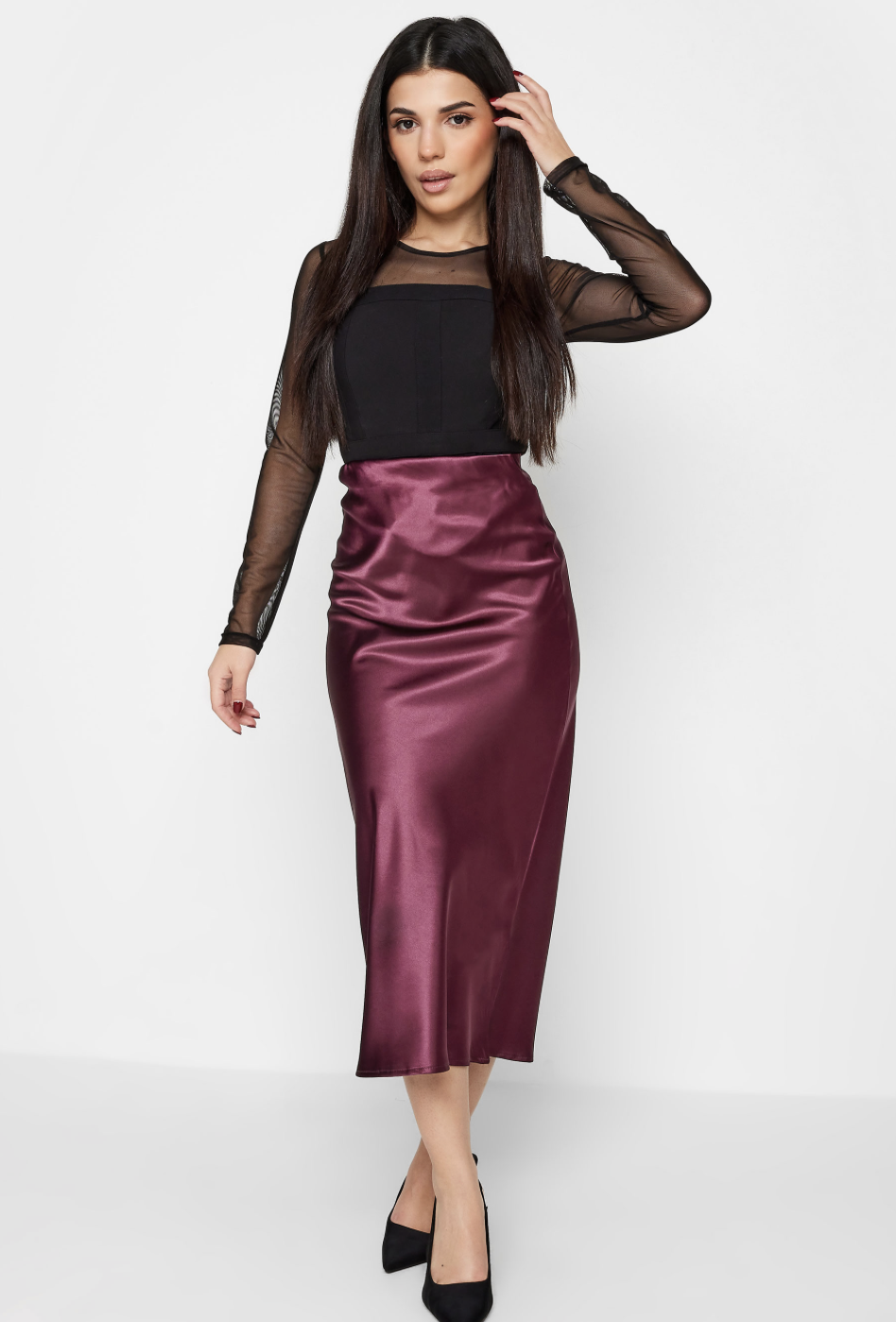 This Morning: November 2020 Holly Willoughby's Burgundy Satin Asymmetric  Midi Skirt | Shop Your TV
