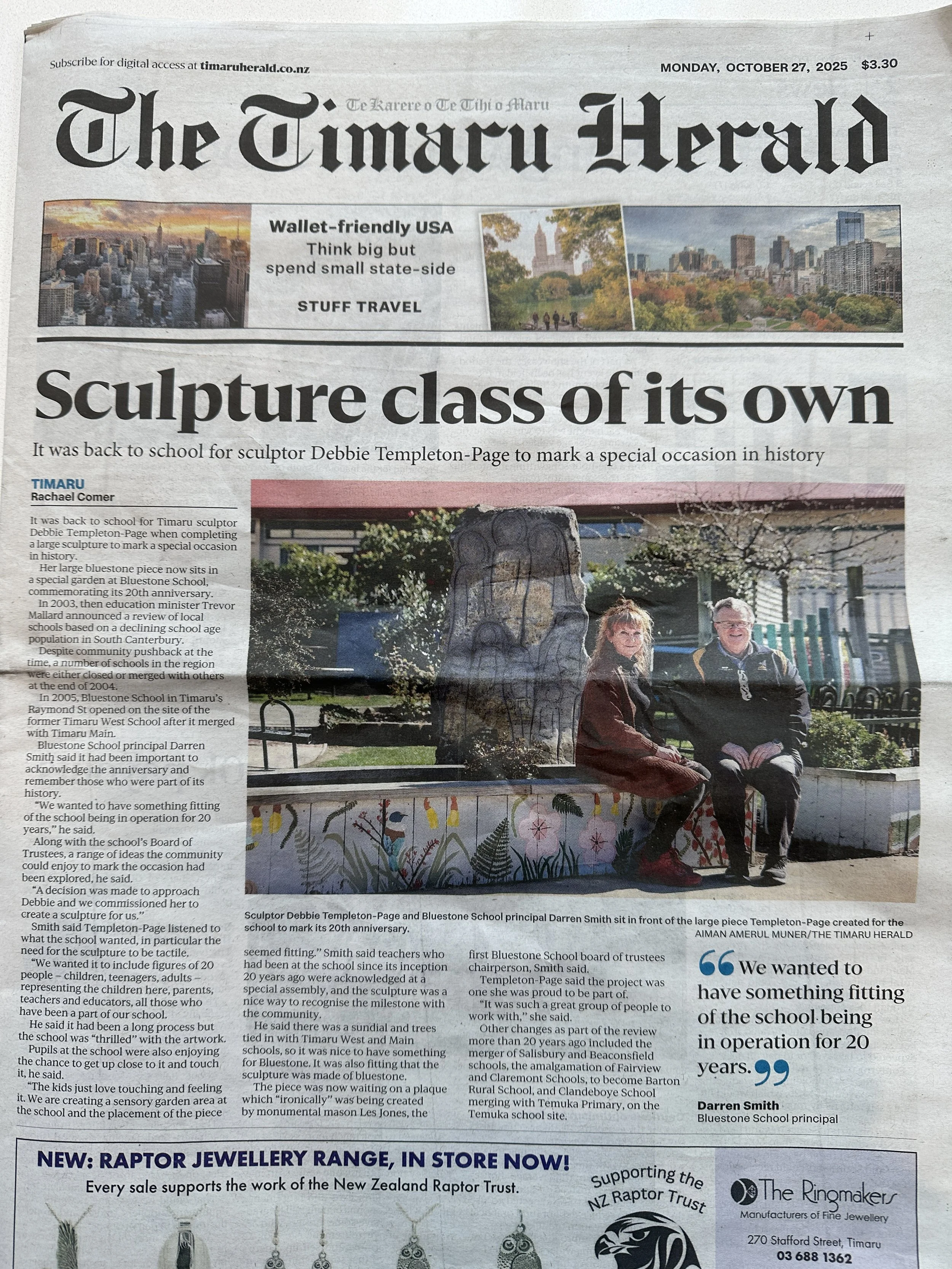 Timaru Bluestone School 20th anniversary commission a 2m high sculpture titled - Ryder