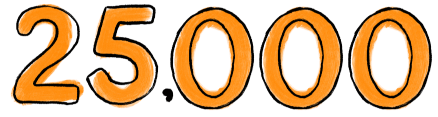 Illustration of the number 25,000 in orange with a black outline.