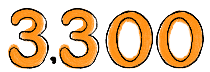 Number 3,300 in bold orange font with a black outline, on a red background.