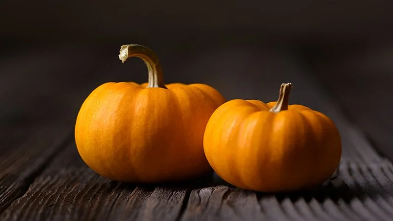 Two orange pumpkins on a black background