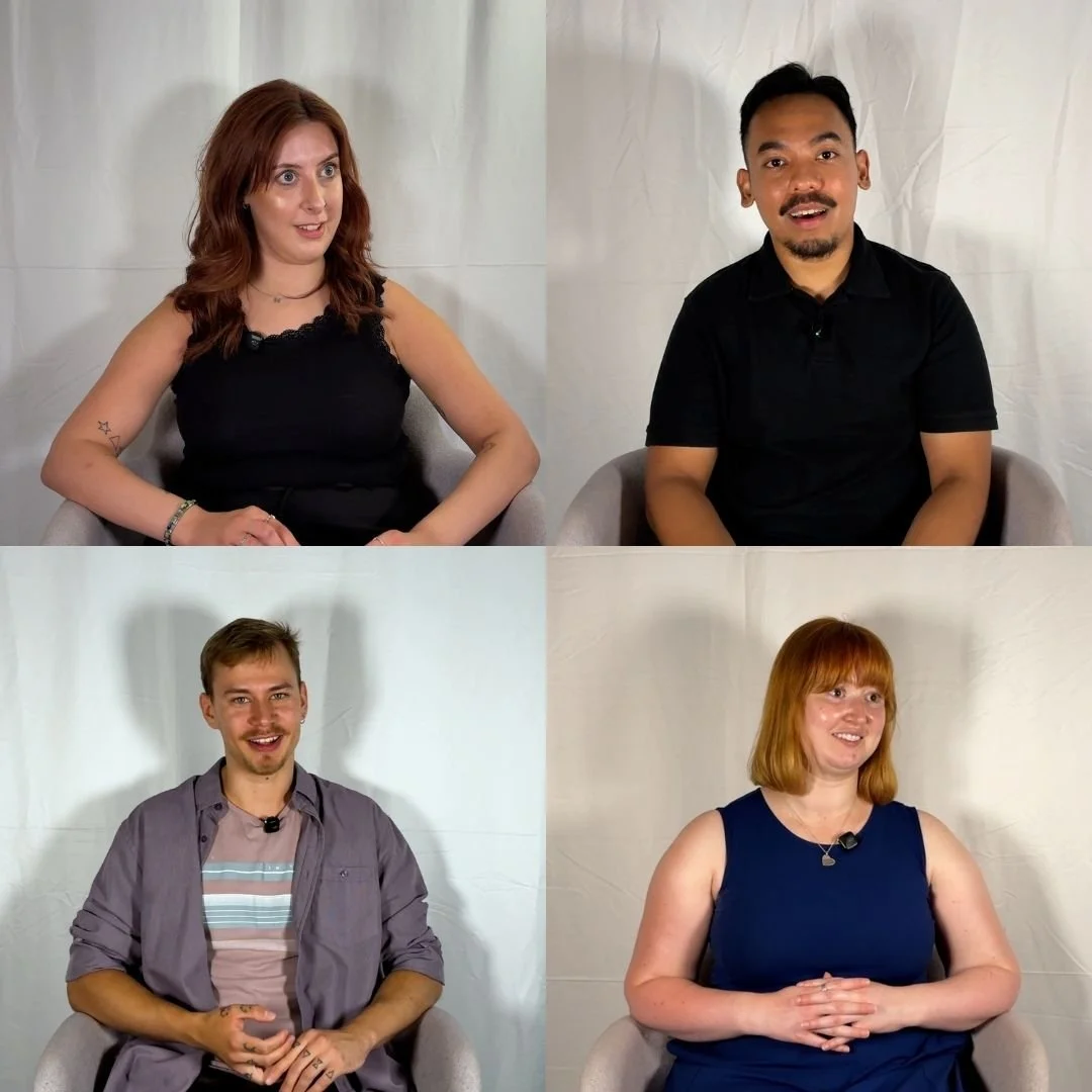 a grid of four people sat in front of a white sheet, taken from testimonial videos