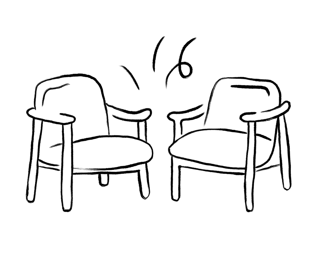 Black and white illustration of two chairs with armrests facing each other.