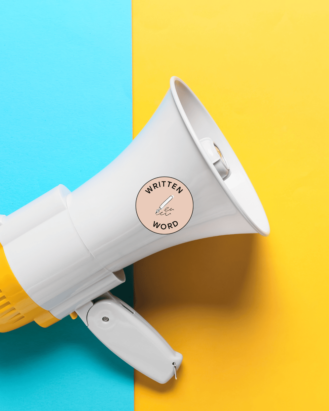 Megaphone resting on a blue and yellow background