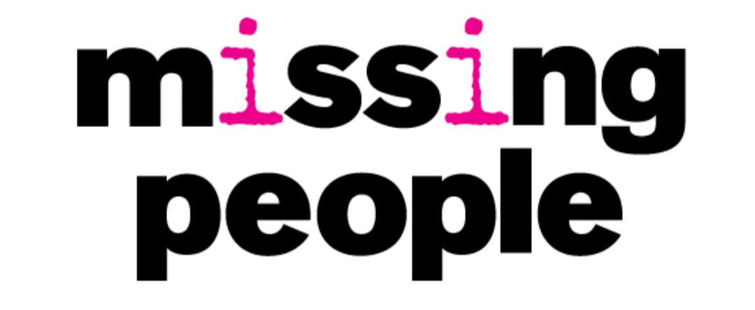 Text that says Missing People, black text but the I's are pink