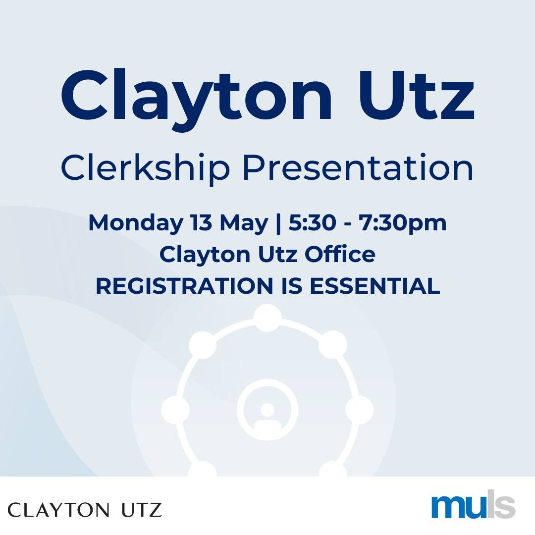 Are you looking to pursue a career in commercial law? 

Join us at the Clayton Utz Presentation on Monday 13 May 2024 graciously hosted at their offices to get a taste of what it is truly like working at the firm. 

This is a great opportunity to int