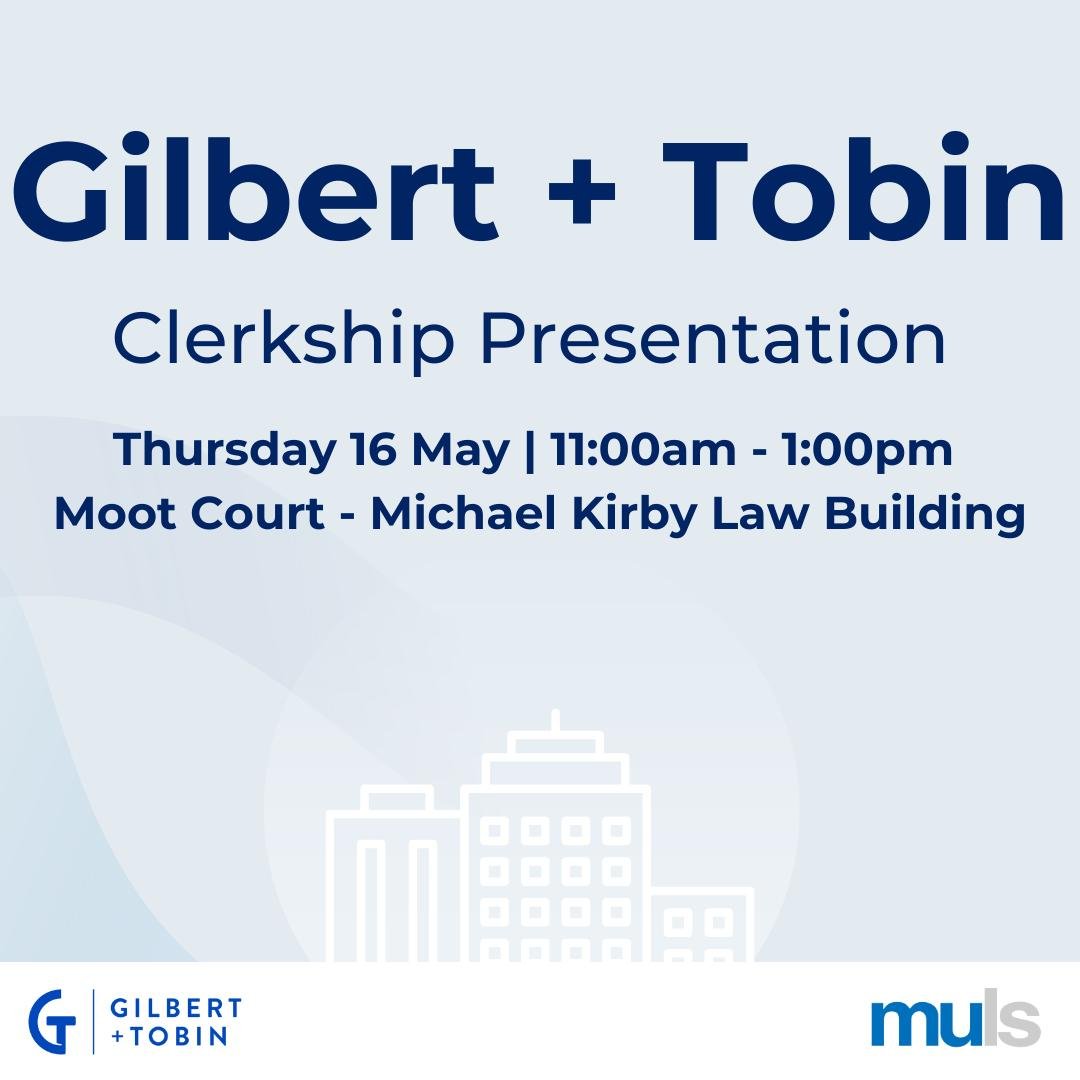 Interested in a career in commercial law? 

Come to the Gilbert + Tobin Clerkship Presentation at the Michael Kirby Law Building this Thursday 16 May 2024. 

Engage with firm representatives, inquire about working in commercial law, and gather insigh
