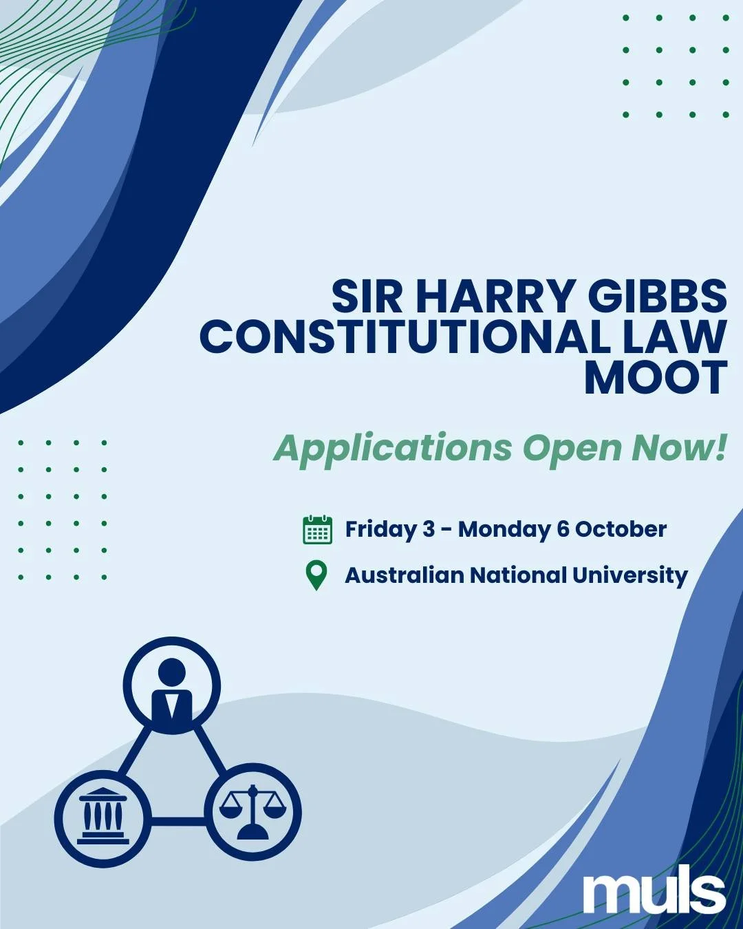 MULS is currently taking applications to compete in the annual Sir Harry Gibbs Constitutional Law Moot! This three-day annual competition is the most prestigious constitutional law moot in Australia, with the problem question supplied by the current 