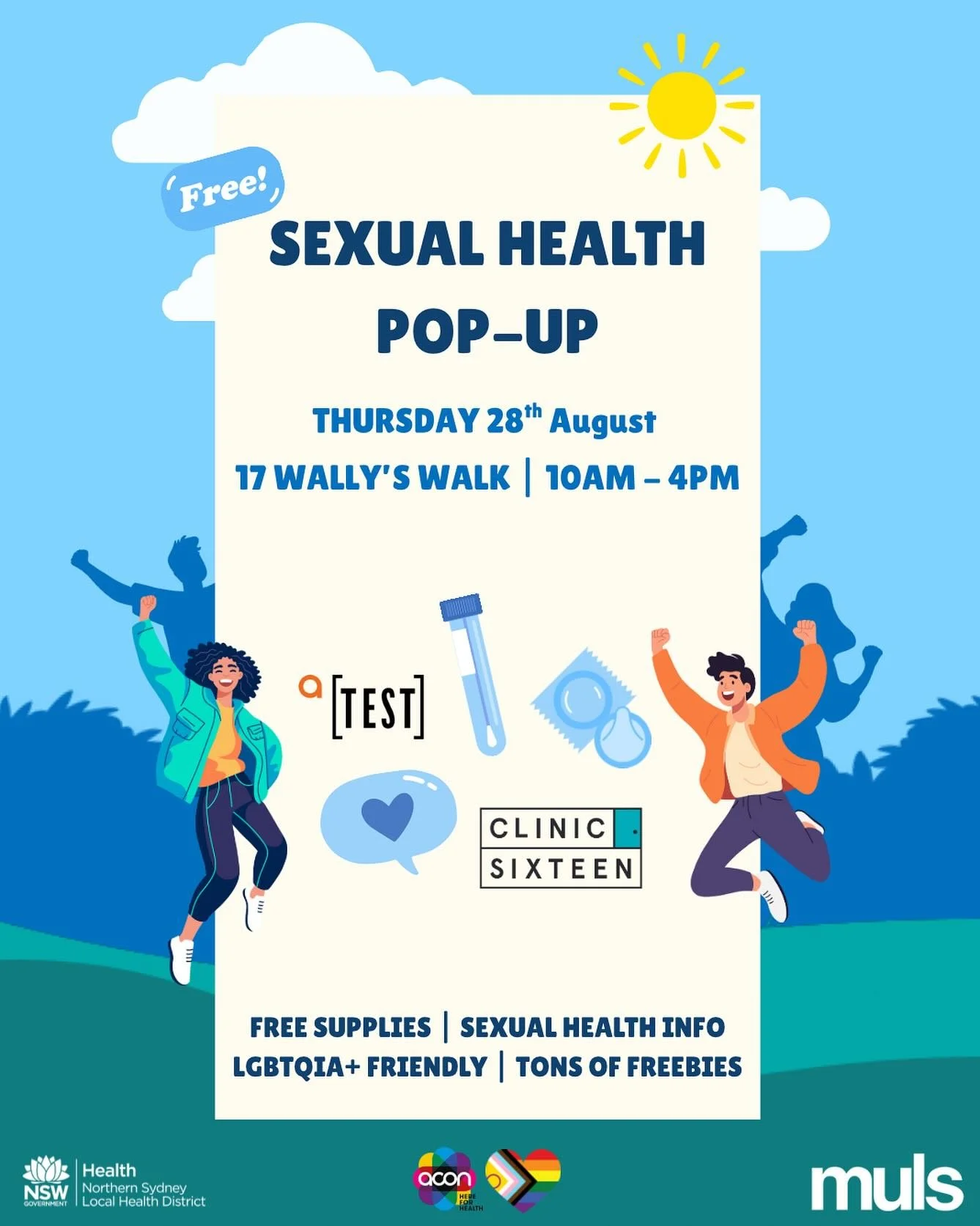Your sexual health matters!
 
Join us for a Sexual Health Pop-Up on campus on Thursday August 28th! Our friends from ACON and Clinic 16 will be on hand to talk about anything and everything related to sexual health. We&rsquo;re also offering free, co