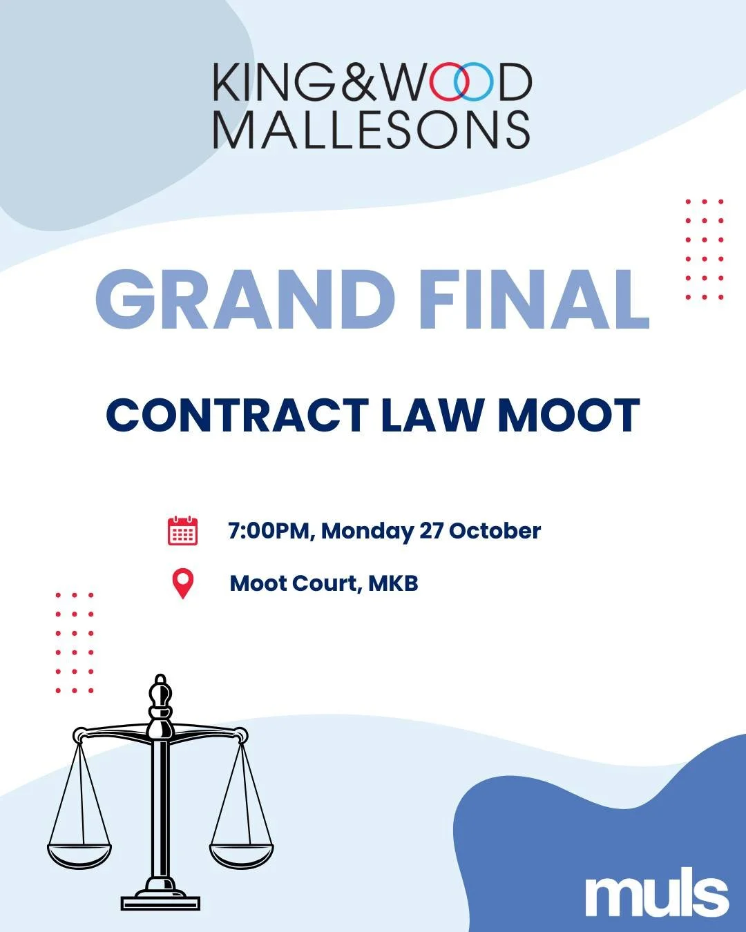 King & Wood Mallesons Contract Law Moot Grand Final
Interested in contract law? Want to get a taste of mooting? Join us for the 2025 King & Wood Mallesons Contract Law Moot Grand Final!
Hours of preparation by the competitors have left only
