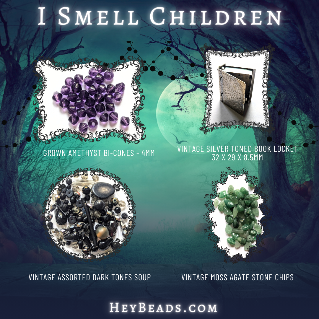 Halloween-themed promotional image with a mystical background featuring a moonlit night and a forest. Displaying four products in ornate frames: grown amethyst bi-cones (4mm), a vintage silver-toned book locket (32 x 29 x 8.5mm), vintage assorted dark tones soup beads, and vintage moss agate stone chips. Text reads "I Smell Children" and "HeyBeads.com."