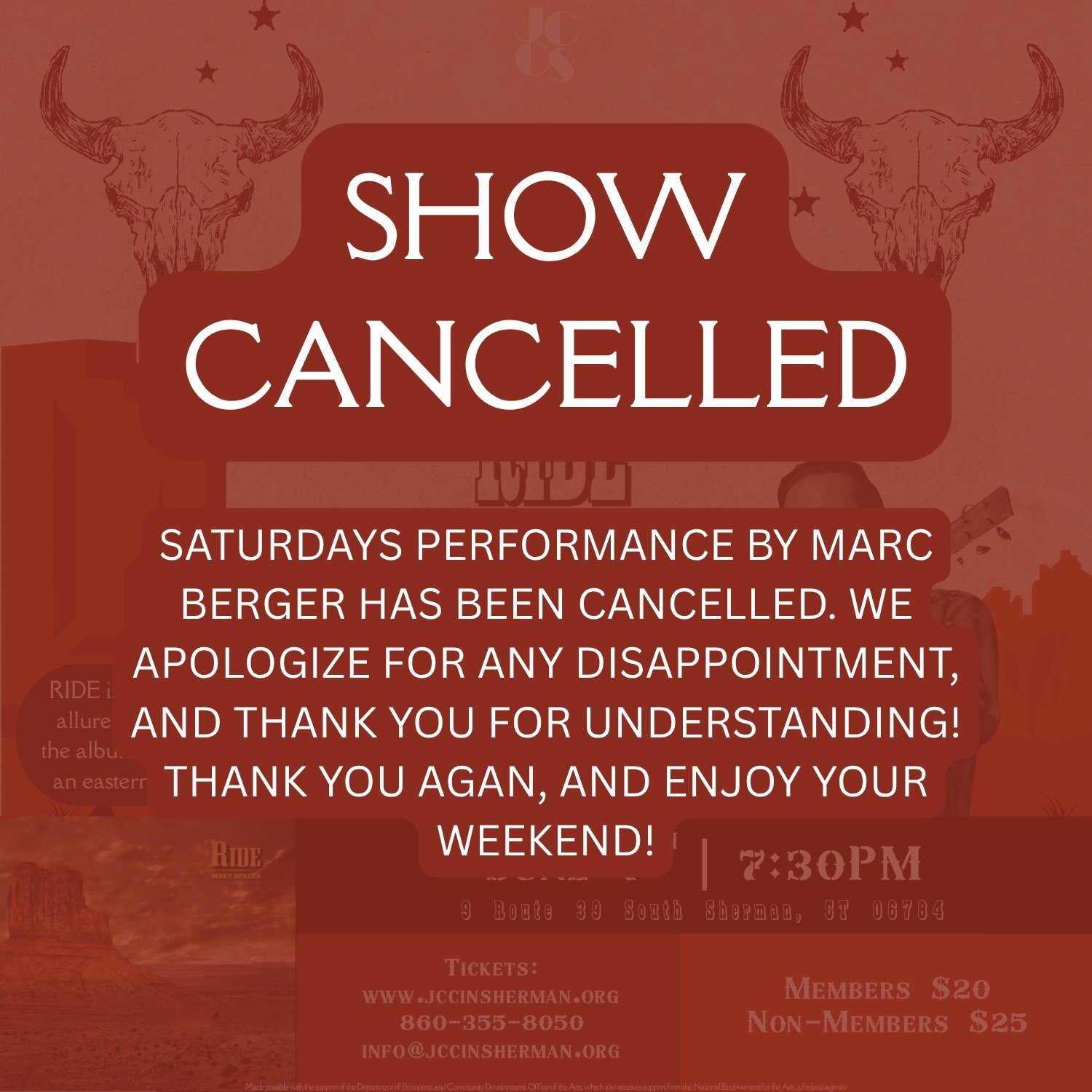 SATURDAYS PERFORMANCE BY MARC BERGER HAS BEEN CANCELLED. WE APOLOGIZE FOR ANY DISAPPOINTMENT, AND THANK YOU FOR UNDERSTANDING!

THANK YOU AGAN, AND ENJOY YOUR WEEKEND!