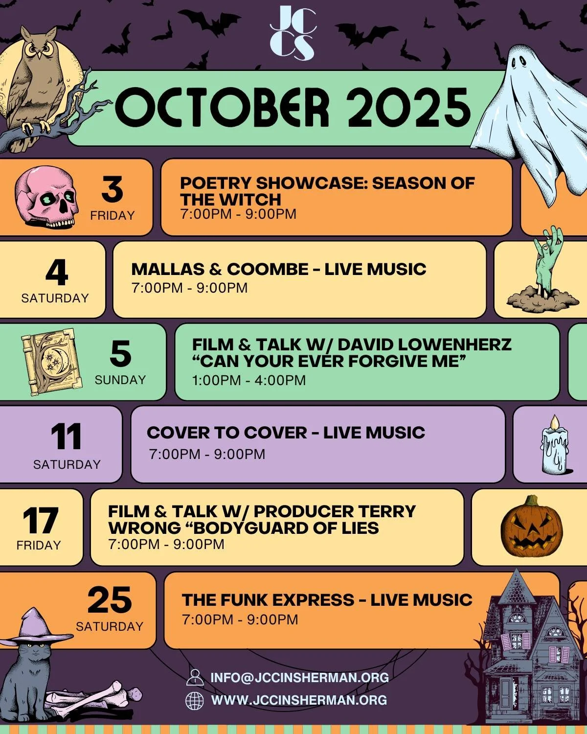 👻WELCOME OCTOBER!🎃

Here is your JCC October Event Rundown!

⭐TODAY AT 7PM - ZUMBA GOLD WITH LUCY SANDOVAL! WALK INS WELCOME!
🍂Fri Oct 3rd @7:00PM - Season of The Witch: Poetry Showcase
🎶Sat Oct 4th @7:00PM - Mallas &amp; Coombe: Live Music
🎞Sun