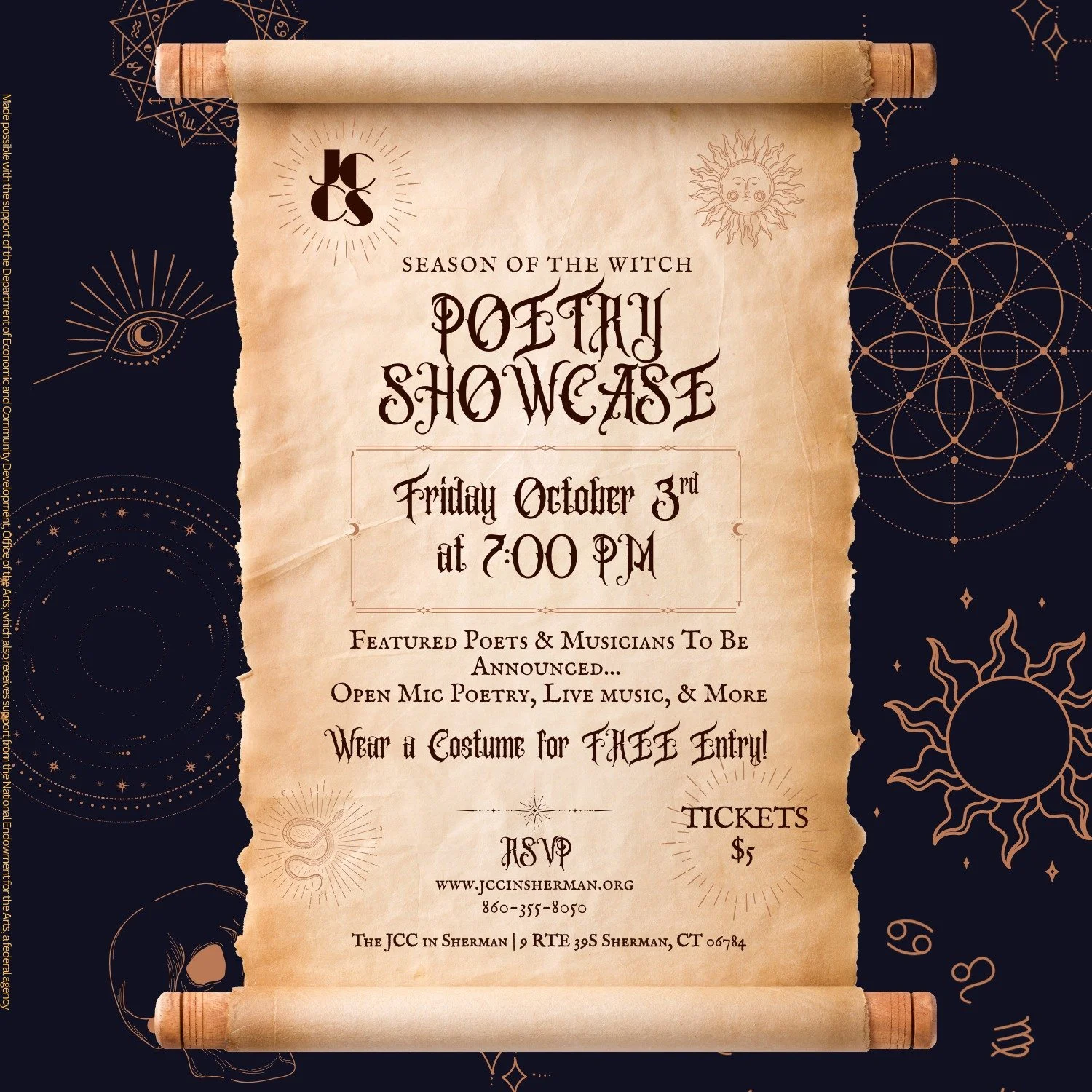 TONIGHT!

The wait is over! The Poetry Showcase, Season of the Witch style, comes to the JCC TONIGHT at 7PM! All are welcome!

Wear a costume for free entry!
Tickets $5

Live Music
Featured Poet Readings
Open Mic Poetry
&amp; More

Featured Poet/Musi