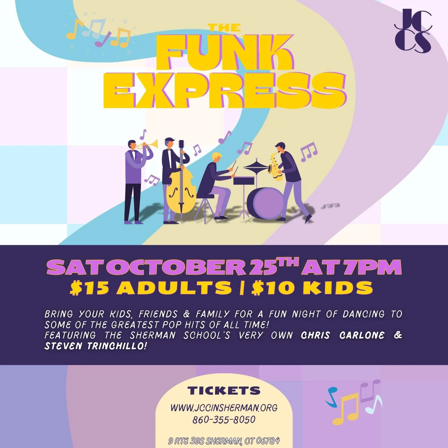 Please join us at The JCC in Sherman on Saturday October 25th at 7pm as we welcome The Funk Express!

Grab your family and friends and don't forget your dancing shoes! The Funk Express will knock your socks off with their fantastic music!

This will 
