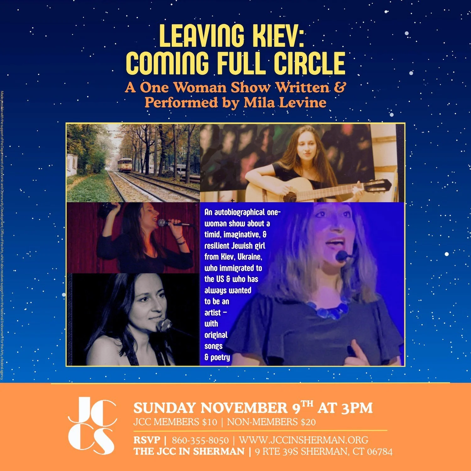 This Sunday!

Don't miss &quot;Leaving Kiev: Coming Full Circle&quot; A One Woman Show with Mila Levine!

An autobiographical one-woman show about a timid, imaginative, and resilient Jewish girl from Kiev, Ukraine, who immigrated to the US and who ha