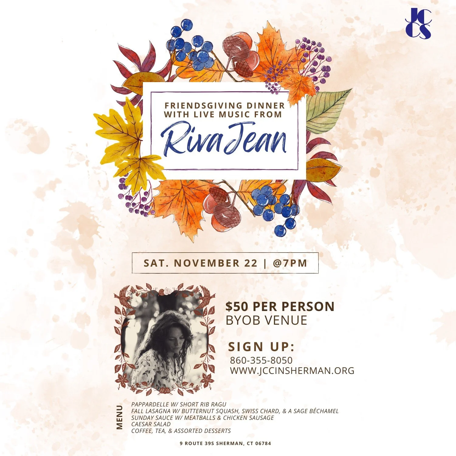 Celebrate all you have to be grateful for at the JCC's Friendsgiving celebration with Riva Jean!

This Dinner &amp; Music Event will be one to remember! With a delicious meal catered by Lori Hendricks-Bechtold!

Don't stuff yourself too much, because