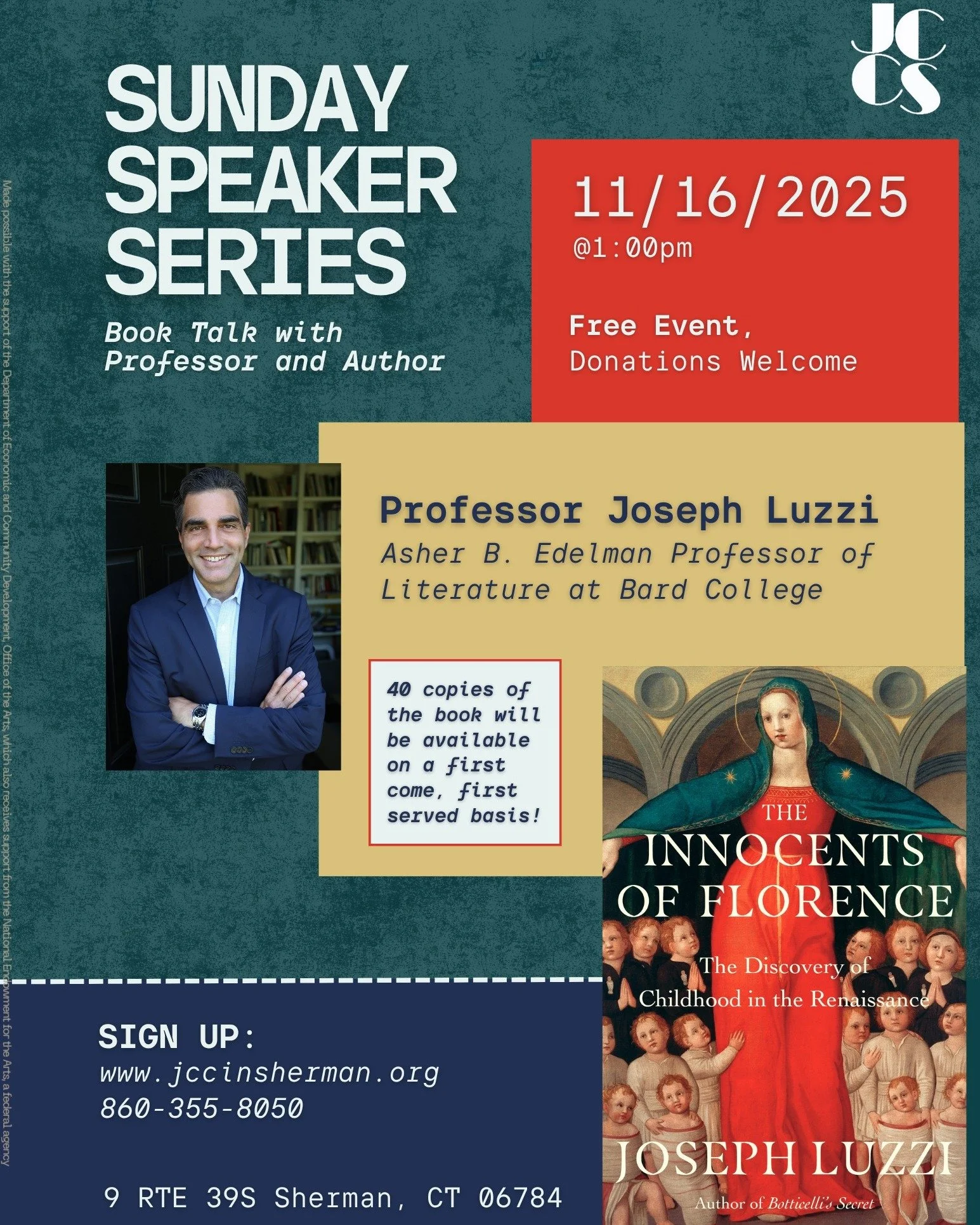 This just in! Copies of &quot;The Innocents of Florence&quot; have just arrived at the JCC!
📚🎤📖
Get a FREE copy of the book at next Sundays Book Talk with Author and Professor Joseph Luzzi! First Come, First Served!

Sign Up
860-355-8050
www.jccin