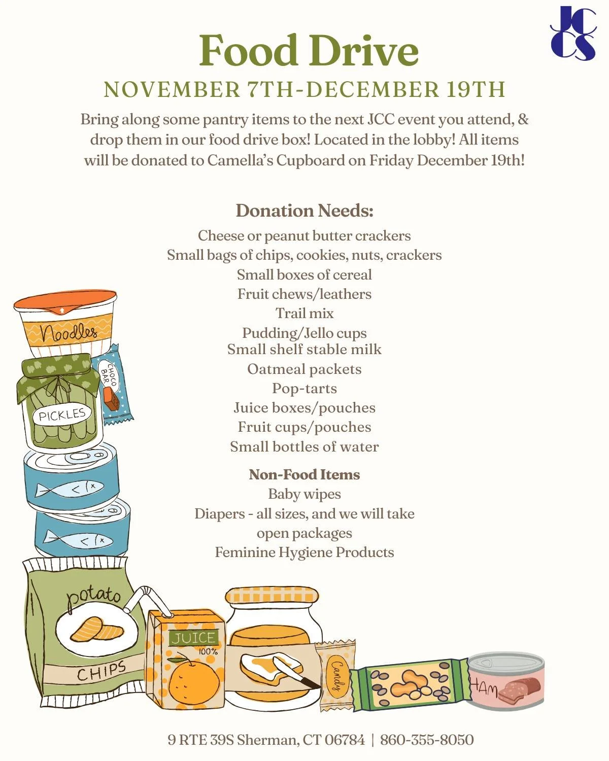FOOD DRIVE REMINDER
🫘🥜🥫
Don't forget to bring along some pantry items to the next JCC event you attend, now through December 19th 2025!

Drop them in the food drive box in the JCC lobby!
All contributions will be donated to @camellas.cupboard