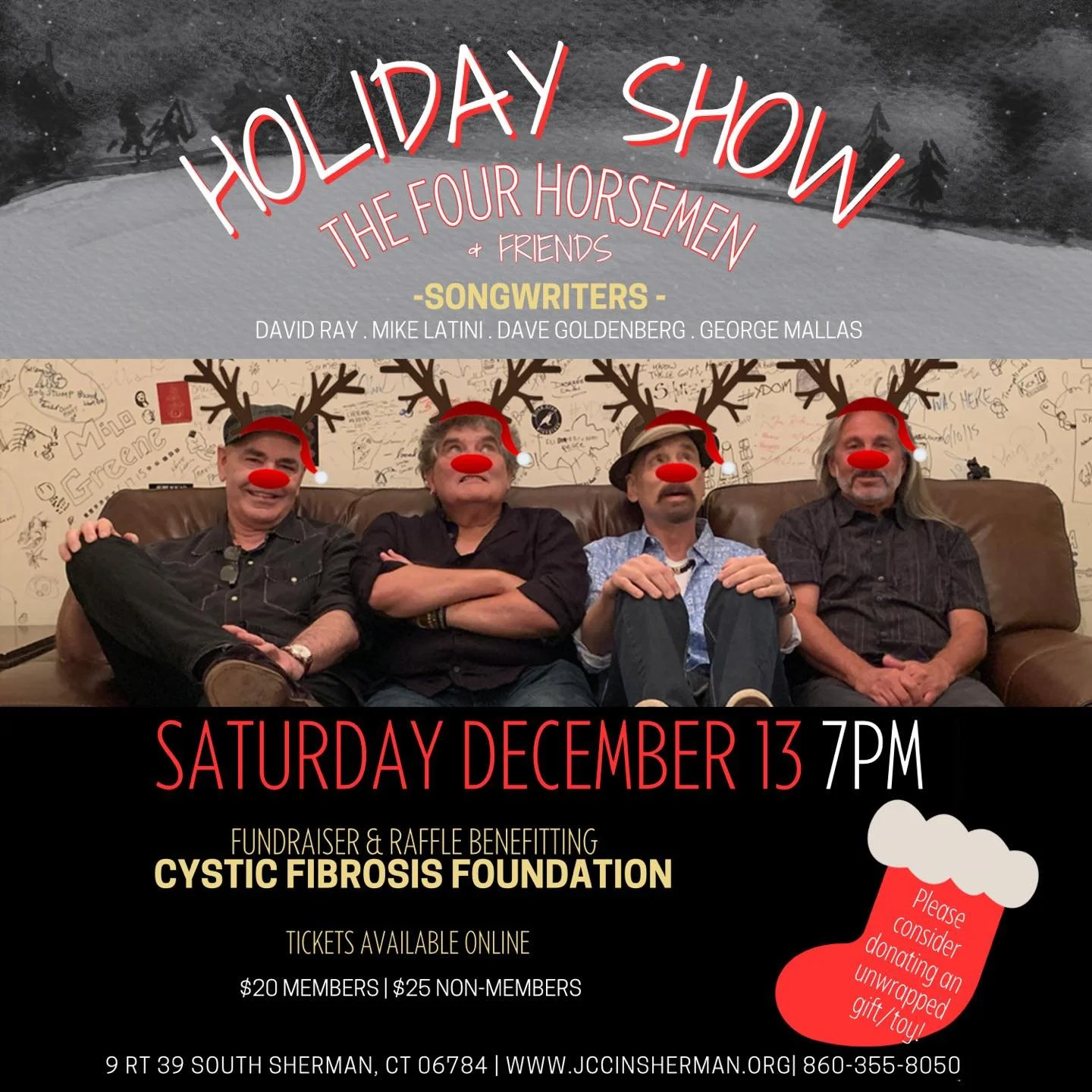 Next Weekend!

🎁🎄🕎

We kick off the holiday season next Saturday with the 4 Horsemen Holiday Show and Fundraiser!

On Sunday we keep the party going with our Annual Hanukkah celebration co-hosted by Temple Sholom of New Milford!

Whether you come 