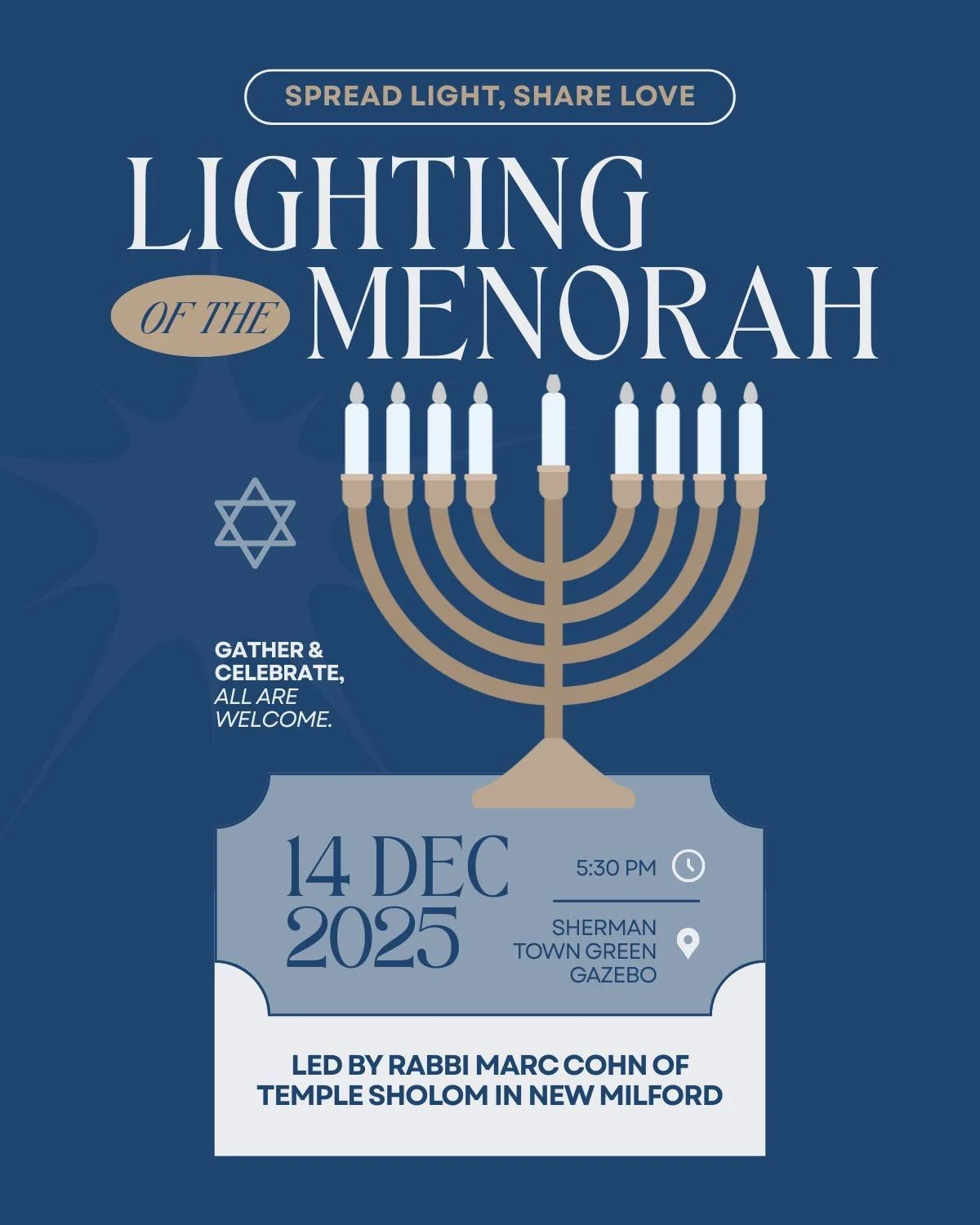 Menorah Lighting at the Sherman Town Green &ndash; Sunday, December 14 at 5:30 PM
🕎🌟❄
The lighting will be led by Rabbi Marc Cohn of Temple Sholom in New Milford, who will share meaningful words and reflections for the holiday. Residents and visito