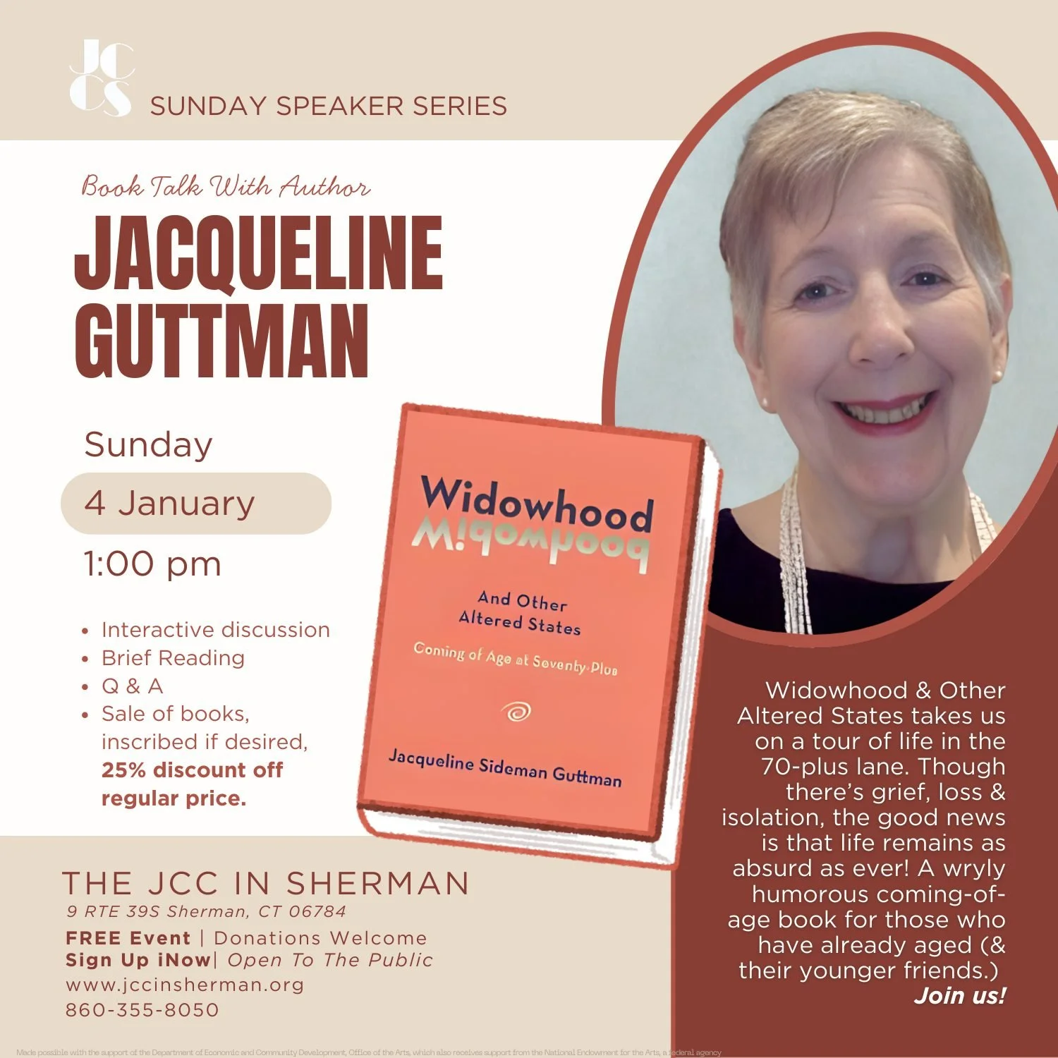 Join us for aBook Talk with Author Jacqueline Guttman on "Widowhood and Other Altered States" 

This event is FREE! 

📖📖📖

A coming of age book for those who have already aged (and their younger friends).

About the Author

Jacqueline Gu