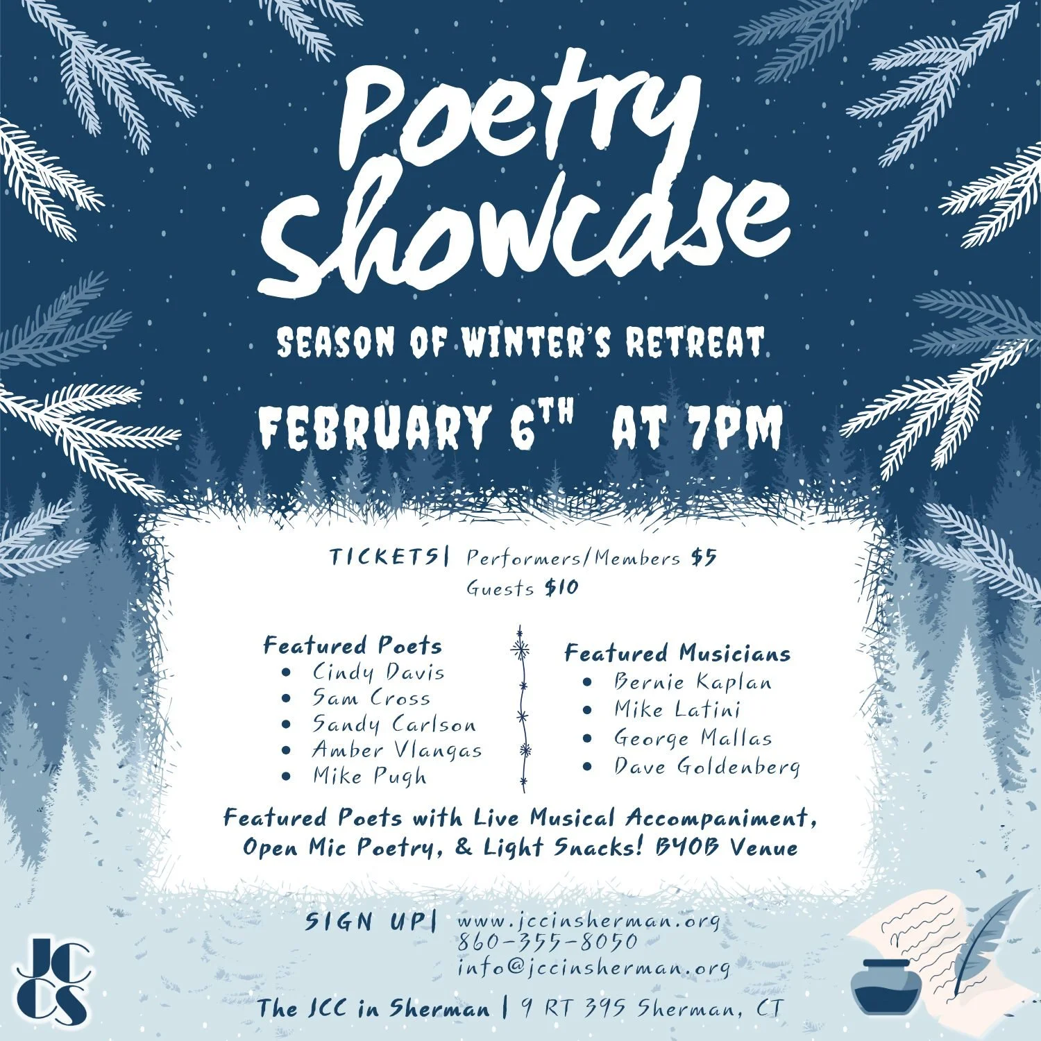 The JCC's 3rd Poetry Showcase is almost here!
The Season of Winter's Retreat, Poetry Showcase

❄📖🖊️

A night to both listen to and share poetry relating to the season of solitude - Winter!

Featured Poets:
Cindy Davis
Sam Cross
Sandy Carlson
Amber 