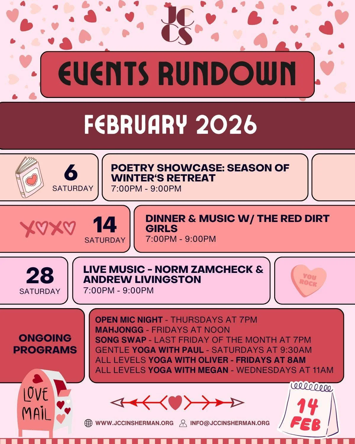 February is just a few days away!
🌹💌❤️
Head over to www.jccinsherman.org to sign up for some fun filled events this month!

Sign up for events under the "Tickets" menu option on our website, link in bio!