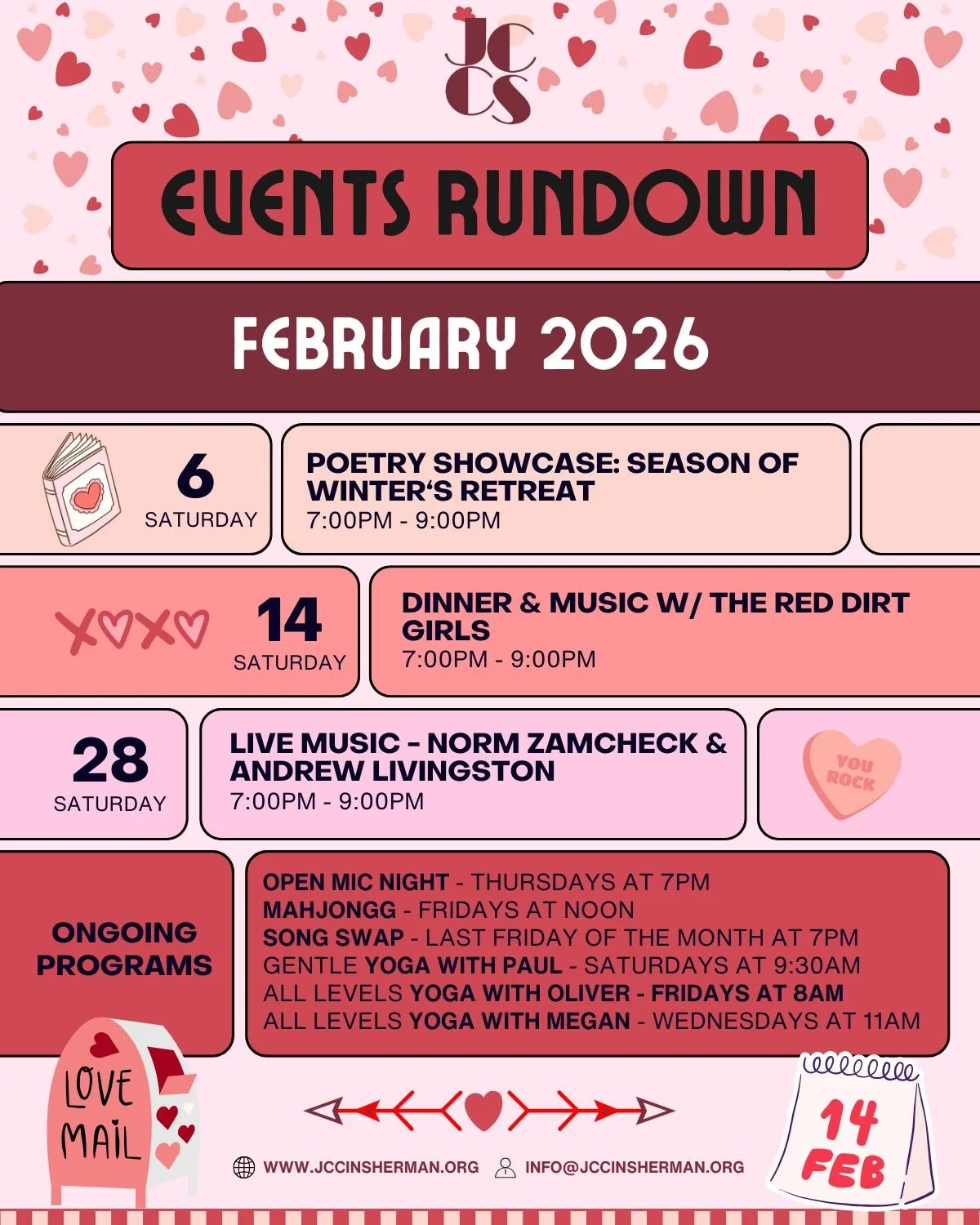 February at the JCC
📖❄🌹
Don't miss a single thing!

Sign Up Now:
www.jccinsherman.org
860-355-8050
info@jccinsherman.org