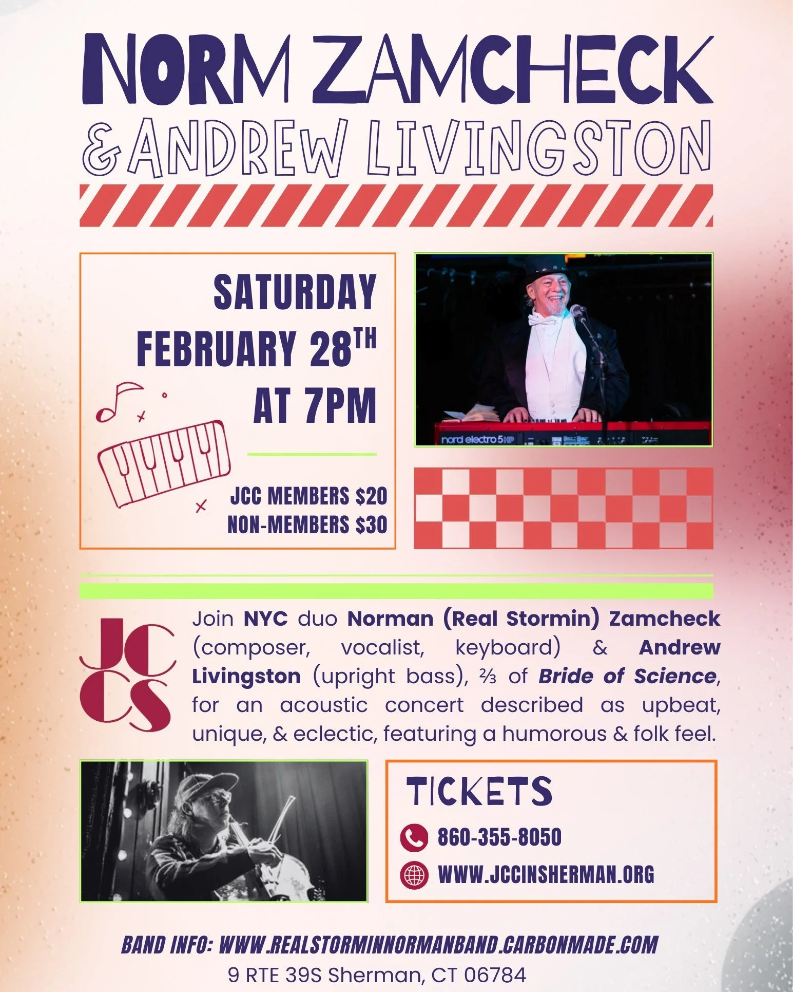 Live Music with Norm Zamcheck &amp; Andrew Livingston (Bride of Science)

Saturday February 28th at 7PM

🎹🎶🎵

Join NYC duo Norman (Real Stormin) Zamcheck (composer, vocalist, keyboard) &amp; Andrew Livingston (upright bass), ⅔ of Bride of Science,