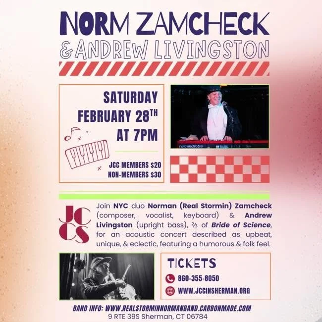 Stuck home because of the snow?

Spend that down time signing up to hear some fresh talent at the JCC!

🎶🎹🎵

Check out our upcoming show with NYC Musicians Norman Zamcheck and Andrew Livingston this Saturday 2/28 at 7pm!!

🌟🌟🌟

For More Info &a