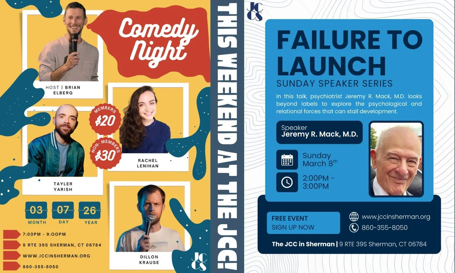 This Weekend!

🎤🌟🎙

A night of laughs and an afternoon of learning!
Be prepared for anything at the JCC; Sign up now for the best experience!

860-355-8050
www.jccinsherman.org

⭐⭐⭐