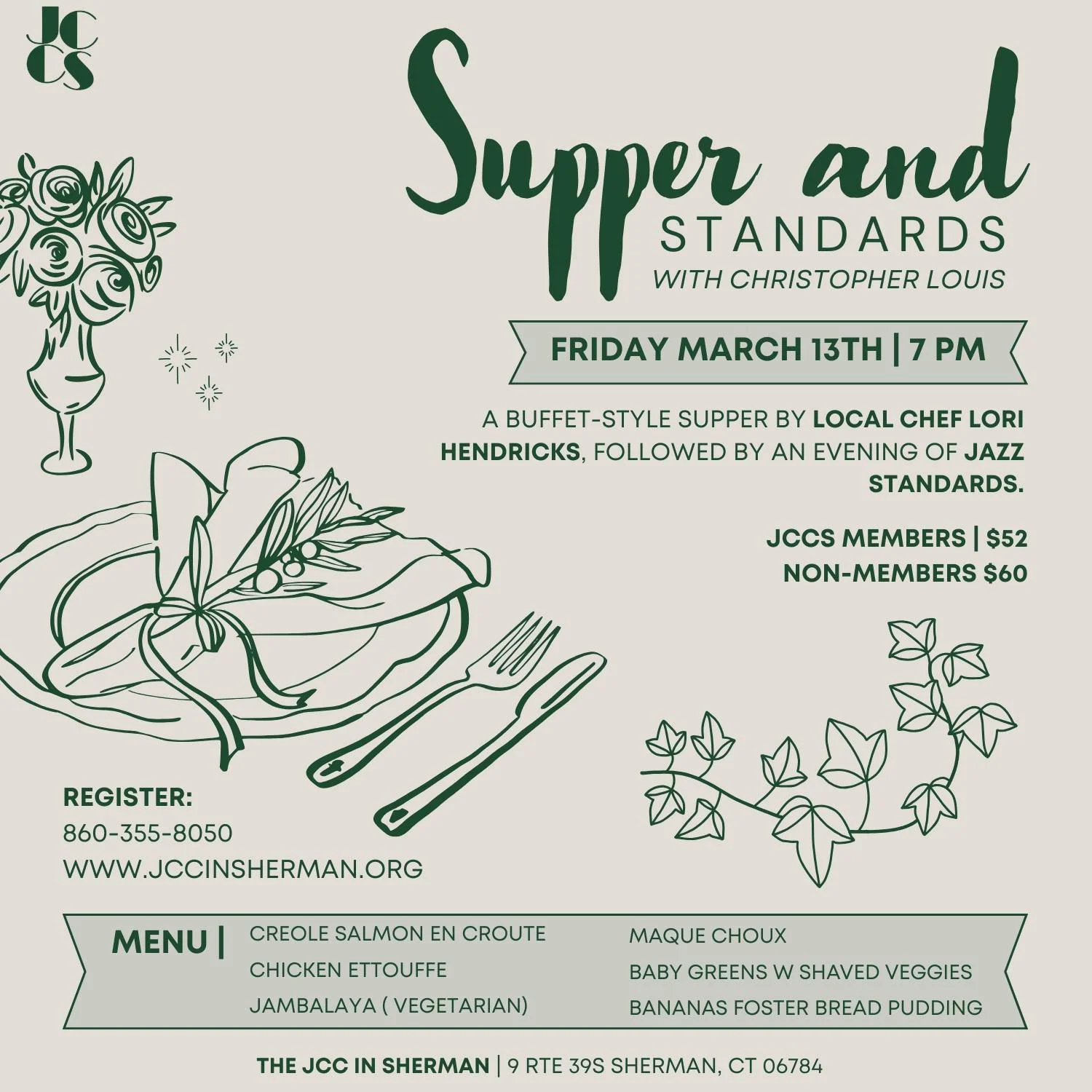 Supper and Standards

🎷🎹🥁

featuring

Christopher Louis &mdash; vocals, trombone
Sabrina Mason &mdash; vocals
TJ Thompson &mdash; piano
Niles Spaulding &mdash; bass
James Allen &mdash; drums
Steven Golub &mdash; saxophone

🎶🌟🎤

Enjoy a buffet-s