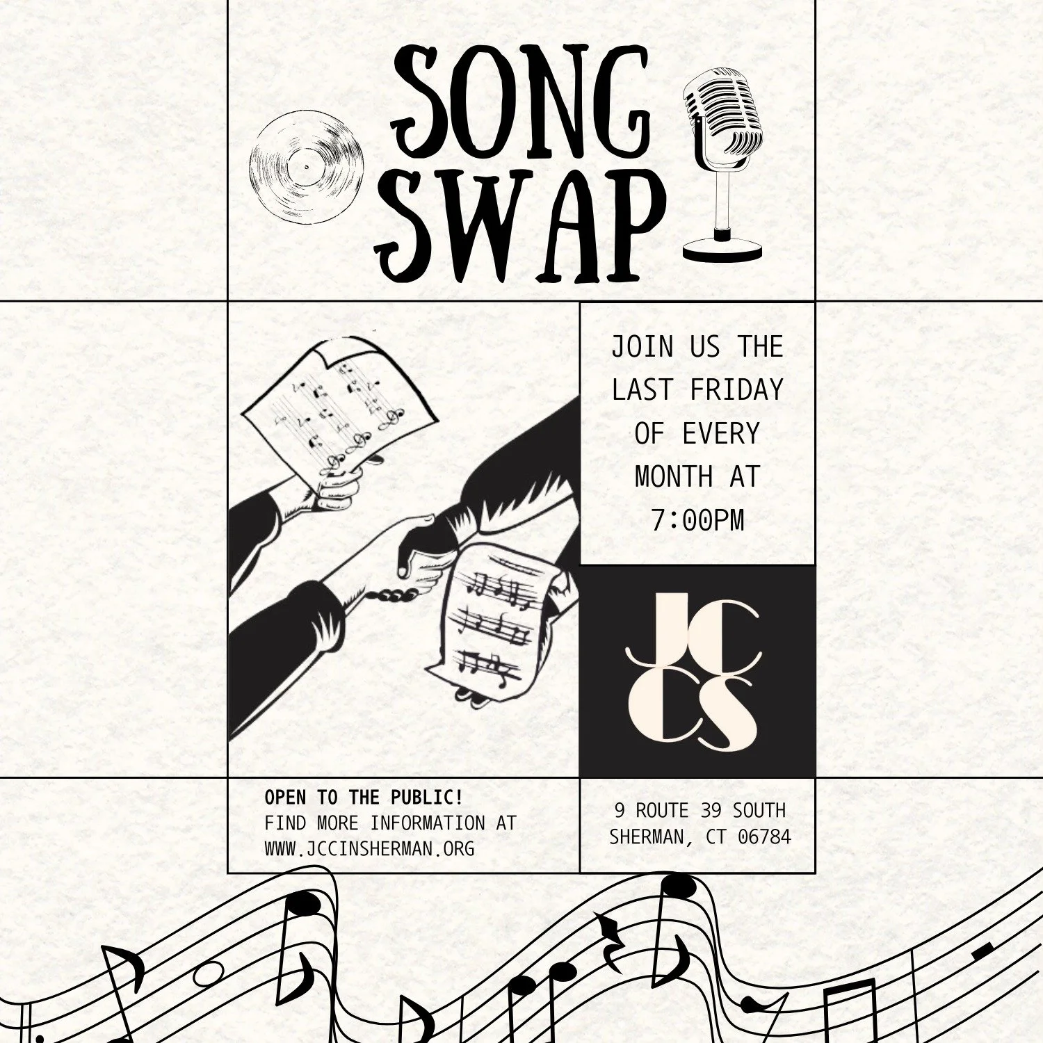 Its the last Friday of the month! You know what that means...

🎶🎤🎵

Song Swap returns to the JCC this evening at 7:00pm! Don't miss your chance to connect with other musicians and make some magical tunes together!

Walk-Ins Welcome!