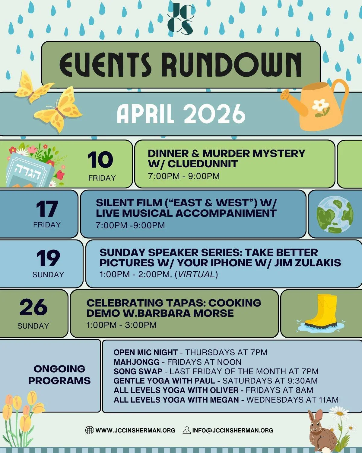 Welcome April!

☔🌷🐝

Find out more about these April events on our website!
www.jccinsherman.org
🌱 From the home page, click "TICKETS"
🌱 Click the event that interests you
🌱 Read all about it!
🌱 &amp; Sign up!