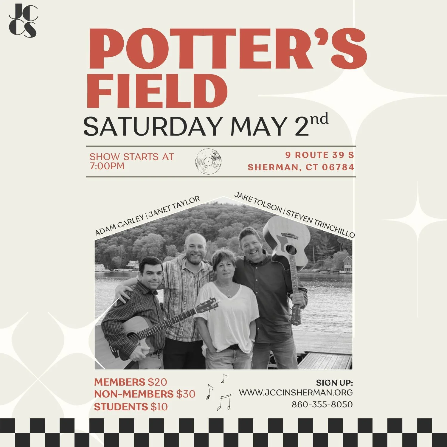 Join us for a fantastic evening of live original music and unique covers from Potter's Field
Sponsored by Kenny &amp; Elaine Litwack!

Members:
Adam Carley, Janet Taylor, Jake Tolson and Steven Trinchillo! 

For nearly fifteen years these local music