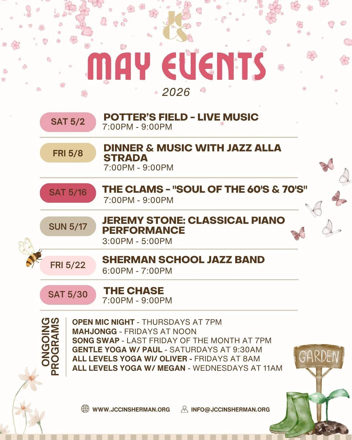 May is just around the corner...
🌸🌸🌸
Get your tickets to some of these exciting May events on our website now!

www.jccinsherman.org