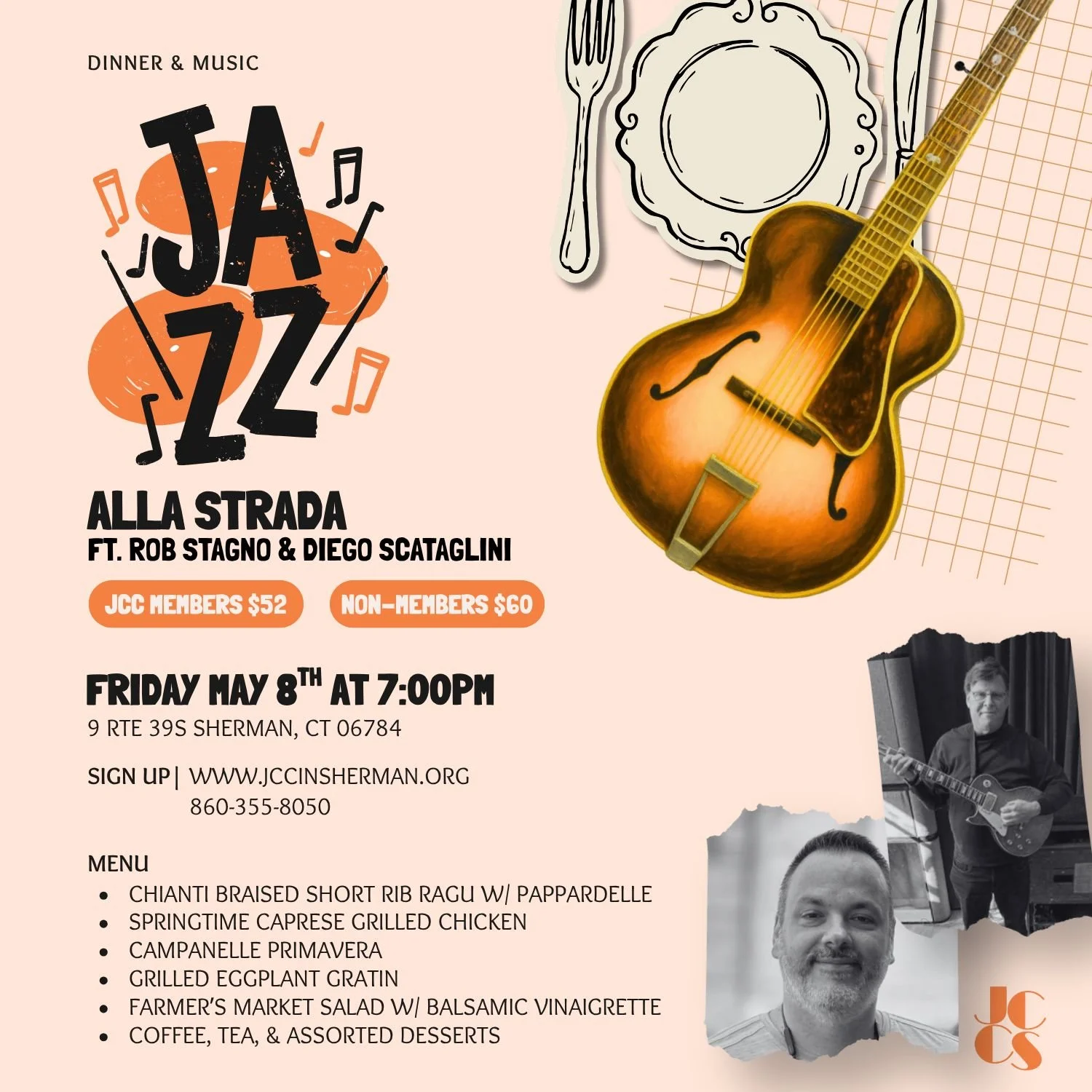 Join us at this month's Dinner &amp; Music with Jazz Alla Strada!
🎶🍽🎸
____

Jazz alla Strada is a jazz guitar duo, playing jazz and popular music that is both familiar and entertaining.  Drawing on standards from the Great American Songbook, gypsy