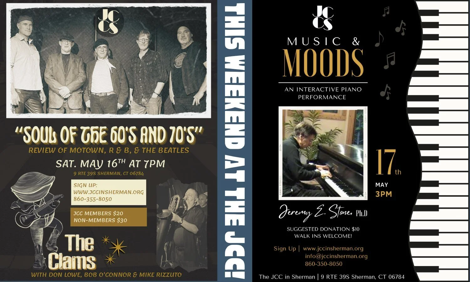 This weekend is for music lovers all of kinds!
🎶🎹🎸
Sign up for one of these engaging events at the JCC this weekend!

Sign Up Online: www.jccinsherman.org
Give Us A Call: 860-355-8050
